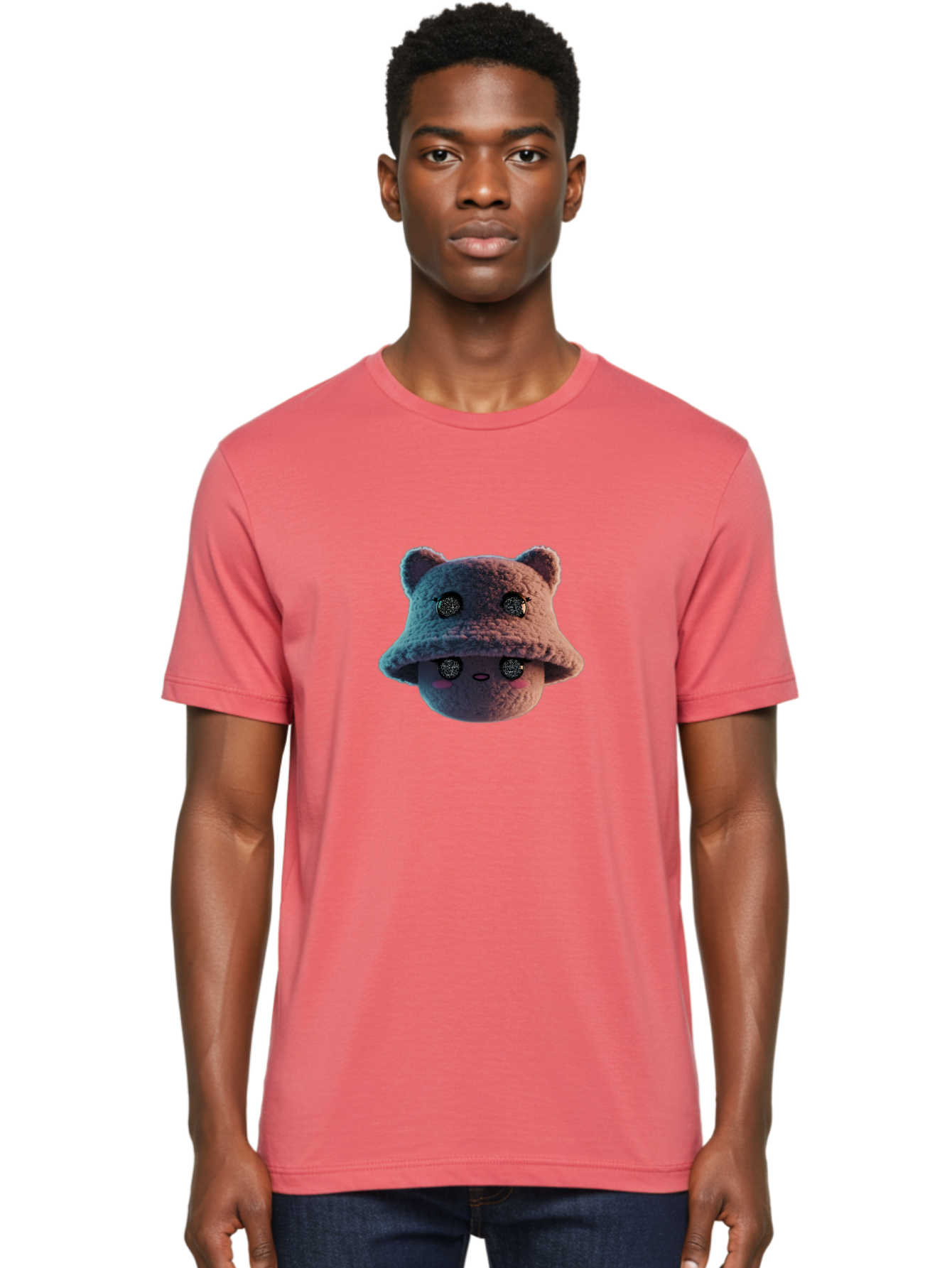 Plushie-Character Men'S Graphic Tee, 100% Cotton, Comfortable Casual Summer Wear, Machine Washable, Cute Cartoon Character, Fluffy Teddy Bear, Kawaii Plush Toy, Round Face, Sparkly Eyes, Soft Pink Cheeks, Funny Expression, Endearing Design, Bad447