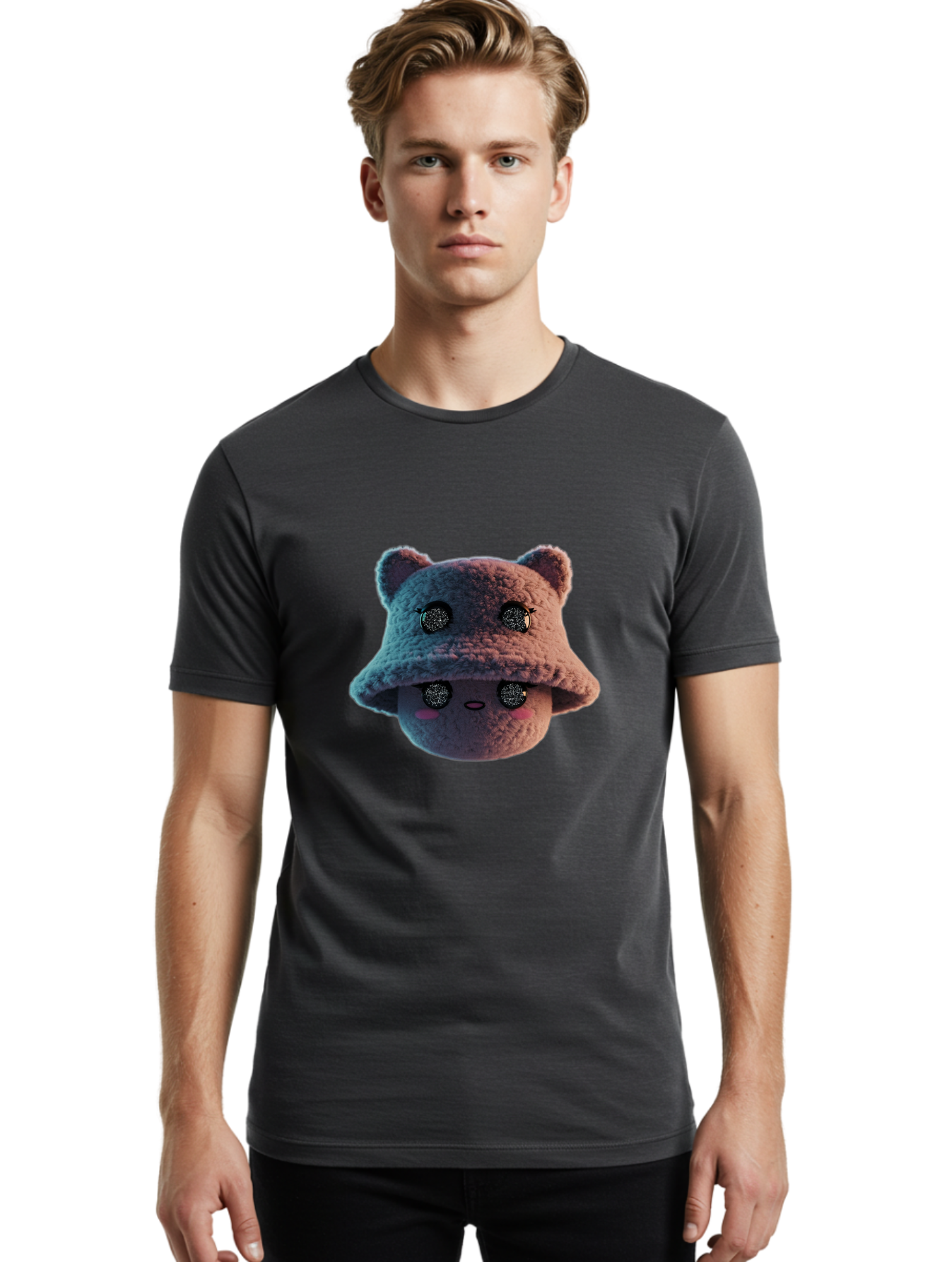 Plushie-Character Men'S Graphic Tee, 100% Cotton, Comfortable Casual Summer Wear, Machine Washable, Cute Cartoon Character, Fluffy Teddy Bear, Kawaii Plush Toy, Round Face, Sparkly Eyes, Soft Pink Cheeks, Funny Expression, Endearing Design, Bad447