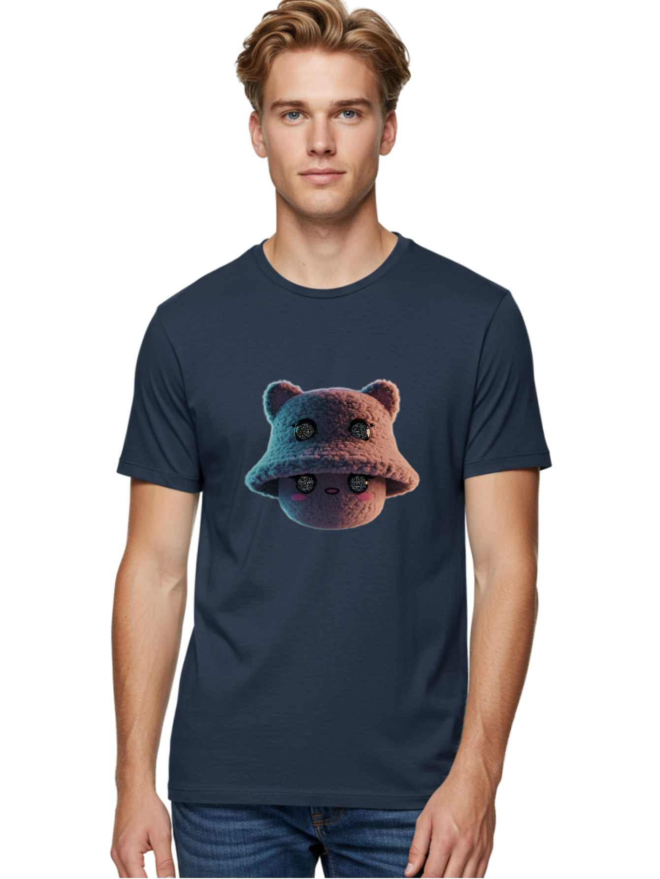 Plushie-Character Men'S Graphic Tee, 100% Cotton, Comfortable Casual Summer Wear, Machine Washable, Cute Cartoon Character, Fluffy Teddy Bear, Kawaii Plush Toy, Round Face, Sparkly Eyes, Soft Pink Cheeks, Funny Expression, Endearing Design, Bad447