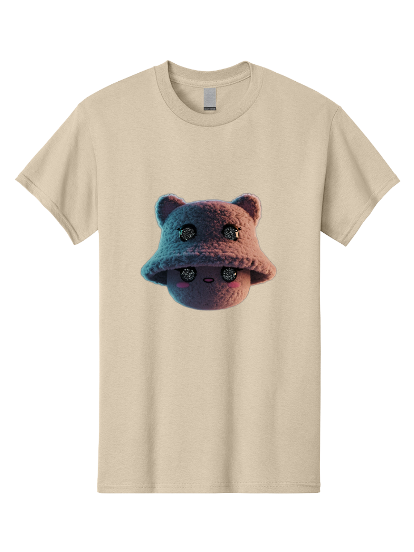 Plushie-Character Men'S Graphic Tee, 100% Cotton, Comfortable Casual Summer Wear, Machine Washable, Cute Cartoon Character, Fluffy Teddy Bear, Kawaii Plush Toy, Round Face, Sparkly Eyes, Soft Pink Cheeks, Funny Expression, Endearing Design, Bad447