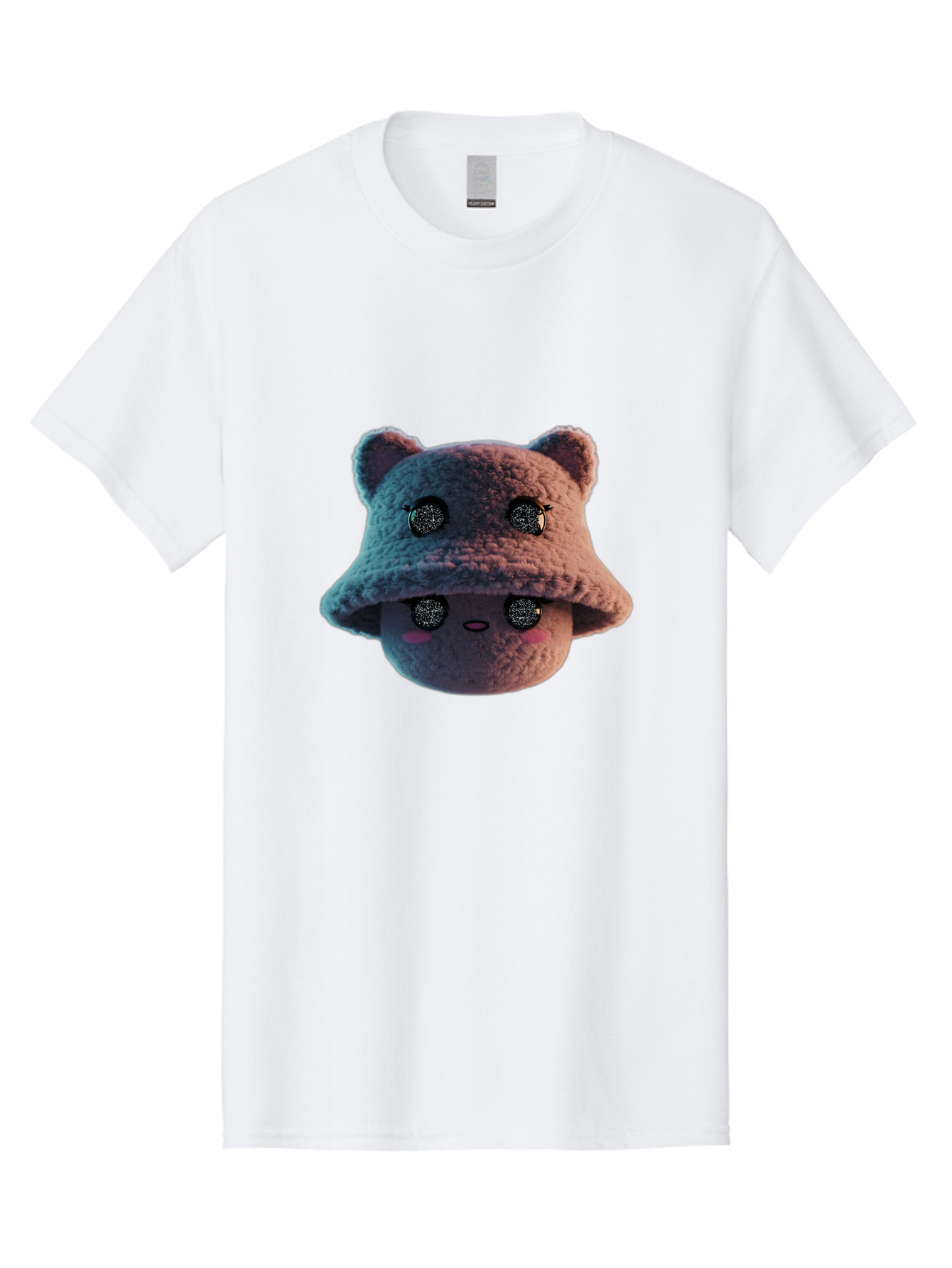 Plushie-Character Men'S Graphic Tee, 100% Cotton, Comfortable Casual Summer Wear, Machine Washable, Cute Cartoon Character, Fluffy Teddy Bear, Kawaii Plush Toy, Round Face, Sparkly Eyes, Soft Pink Cheeks, Funny Expression, Endearing Design, Bad447