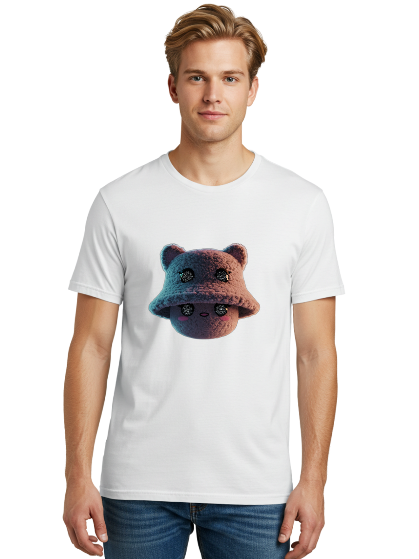 Plushie-Character Men'S Graphic Tee, 100% Cotton, Comfortable Casual Summer Wear, Machine Washable, Cute Cartoon Character, Fluffy Teddy Bear, Kawaii Plush Toy, Round Face, Sparkly Eyes, Soft Pink Cheeks, Funny Expression, Endearing Design, Bad447