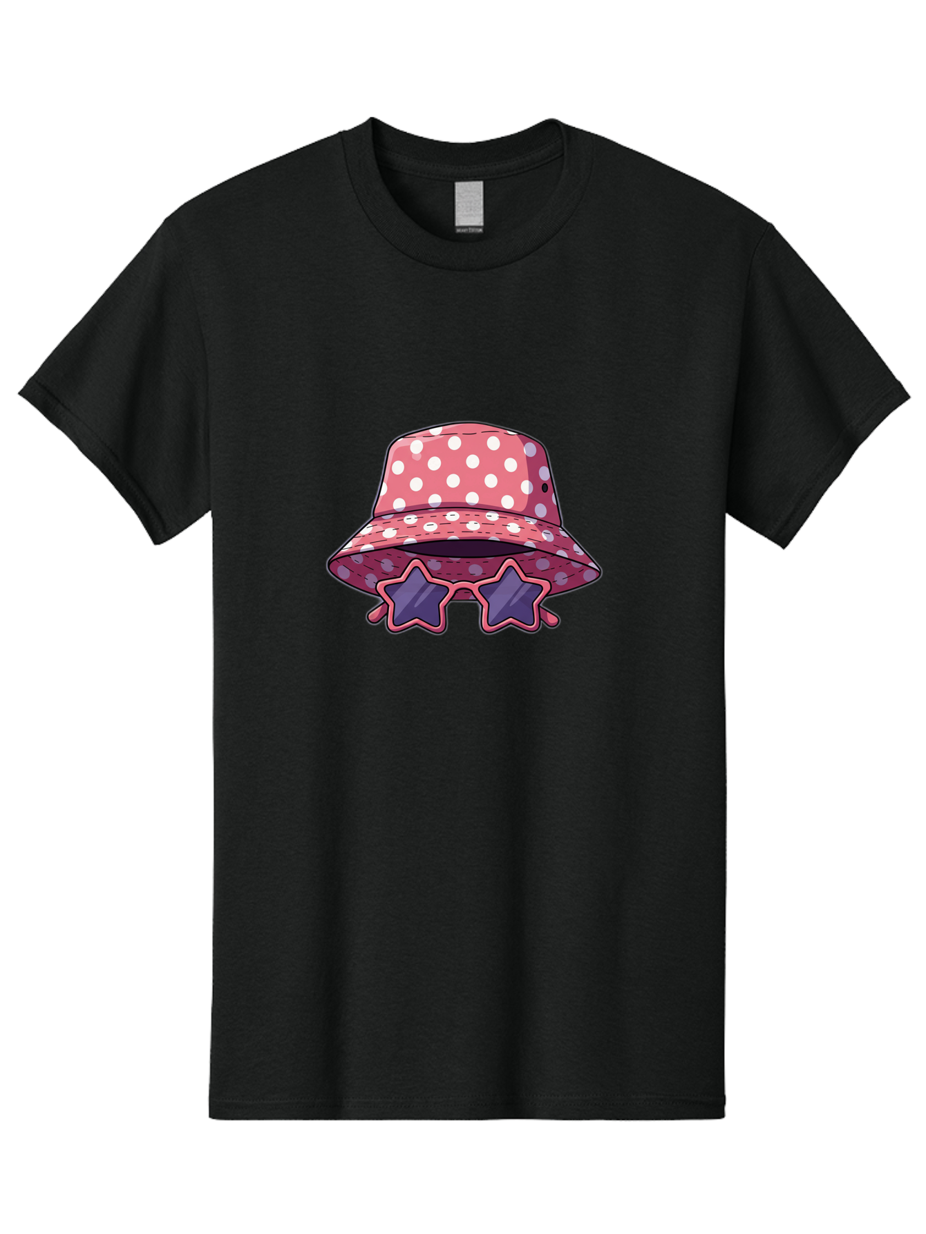 Polka-Dot-Bucket-Hat-Star-Sunglasses Men'S Graphic Tee, 100% Cotton, Comfortable Casual Summer Wear, Machine Washable, Polka Dot Bucket Hat, Star-Shaped Sunglasses, Fashion Accessories, Trendy Summer Style, Playful Design, Bad448