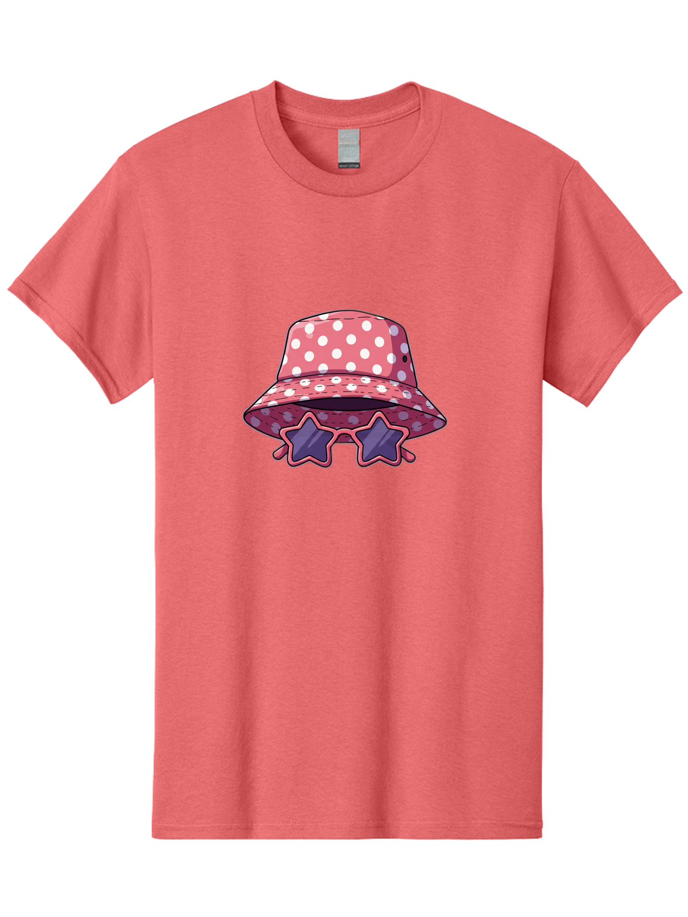 Polka-Dot-Bucket-Hat-Star-Sunglasses Men'S Graphic Tee, 100% Cotton, Comfortable Casual Summer Wear, Machine Washable, Polka Dot Bucket Hat, Star-Shaped Sunglasses, Fashion Accessories, Trendy Summer Style, Playful Design, Bad448