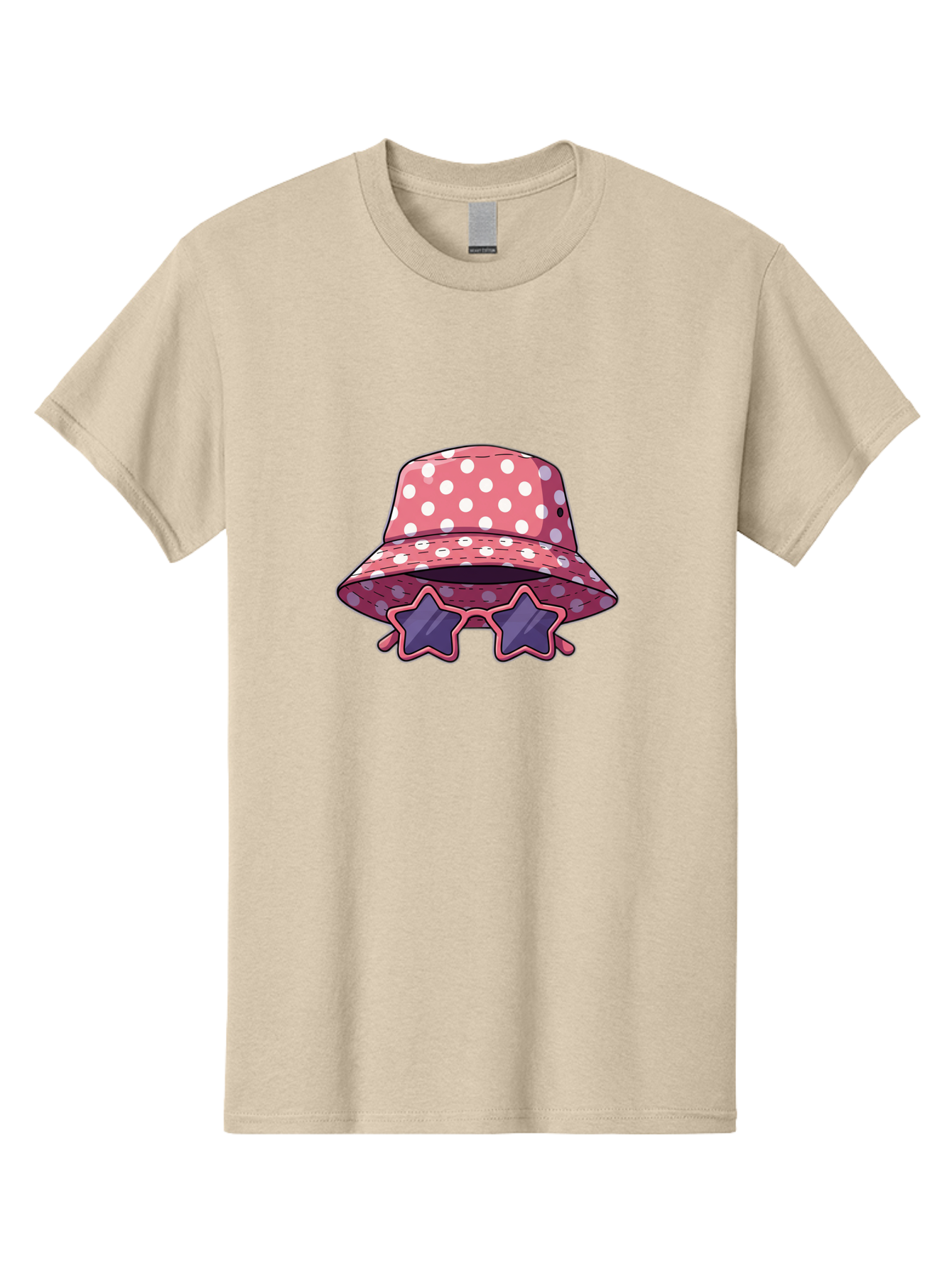 Polka-Dot-Bucket-Hat-Star-Sunglasses Men'S Graphic Tee, 100% Cotton, Comfortable Casual Summer Wear, Machine Washable, Polka Dot Bucket Hat, Star-Shaped Sunglasses, Fashion Accessories, Trendy Summer Style, Playful Design, Bad448