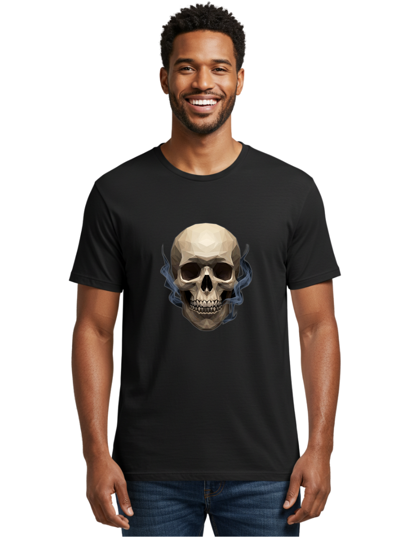 Polygonal-Skull Men'S Graphic Tee, 100% Cotton, Comfortable Casual Summer Wear, Machine Washable, Human Skull, Geometric Shapes, Low Poly Art, Smoke Coming Out, Dark Eye Sockets, Teeth, Mystical, Low Poly, Abstract Art, Skull Design Bad450