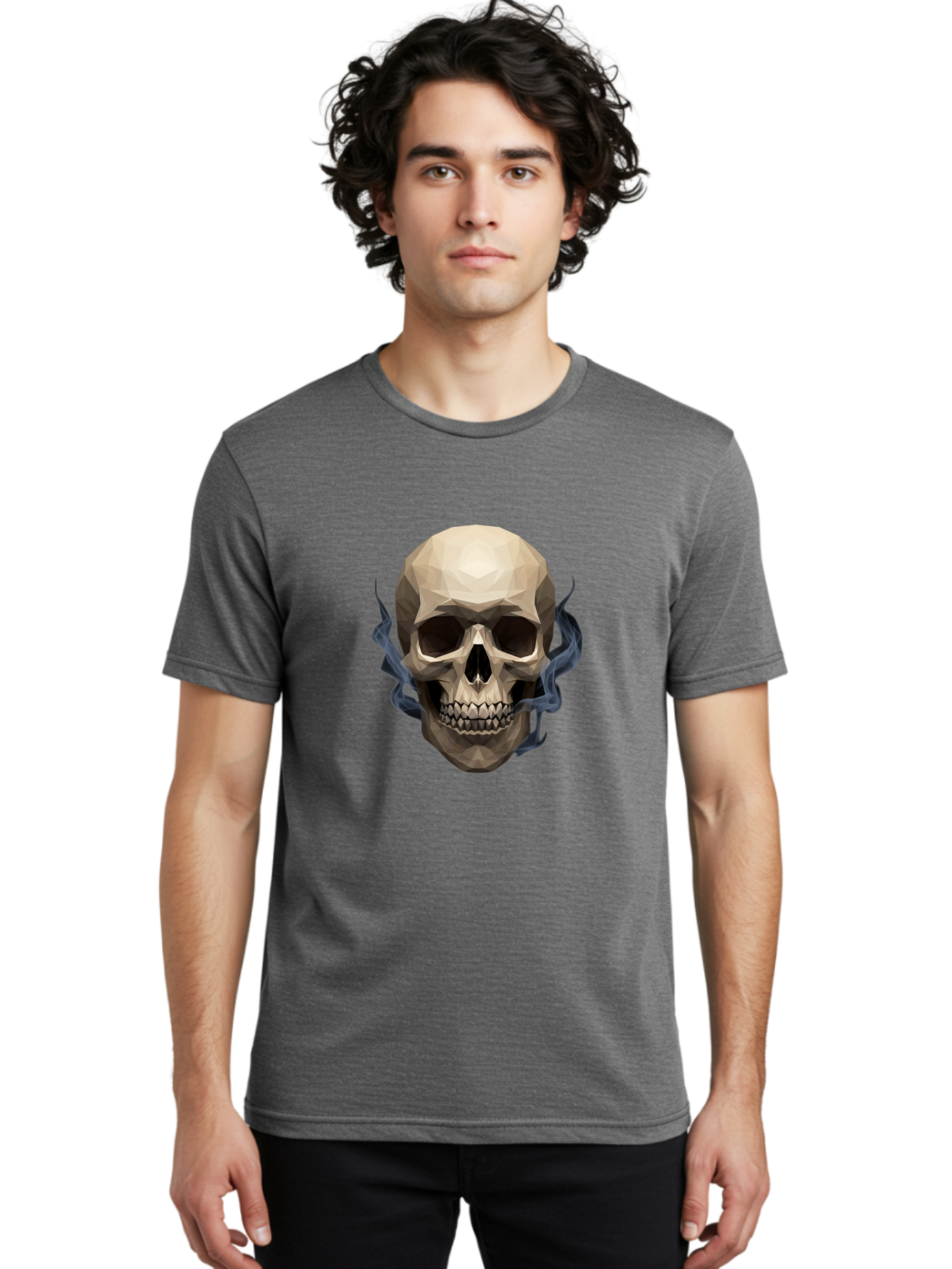 Polygonal-Skull Men'S Graphic Tee, 100% Cotton, Comfortable Casual Summer Wear, Machine Washable, Human Skull, Geometric Shapes, Low Poly Art, Smoke Coming Out, Dark Eye Sockets, Teeth, Mystical, Low Poly, Abstract Art, Skull Design Bad450