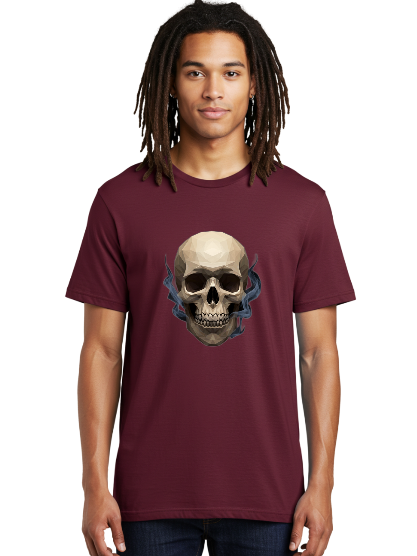Polygonal-Skull Men'S Graphic Tee, 100% Cotton, Comfortable Casual Summer Wear, Machine Washable, Human Skull, Geometric Shapes, Low Poly Art, Smoke Coming Out, Dark Eye Sockets, Teeth, Mystical, Low Poly, Abstract Art, Skull Design Bad450