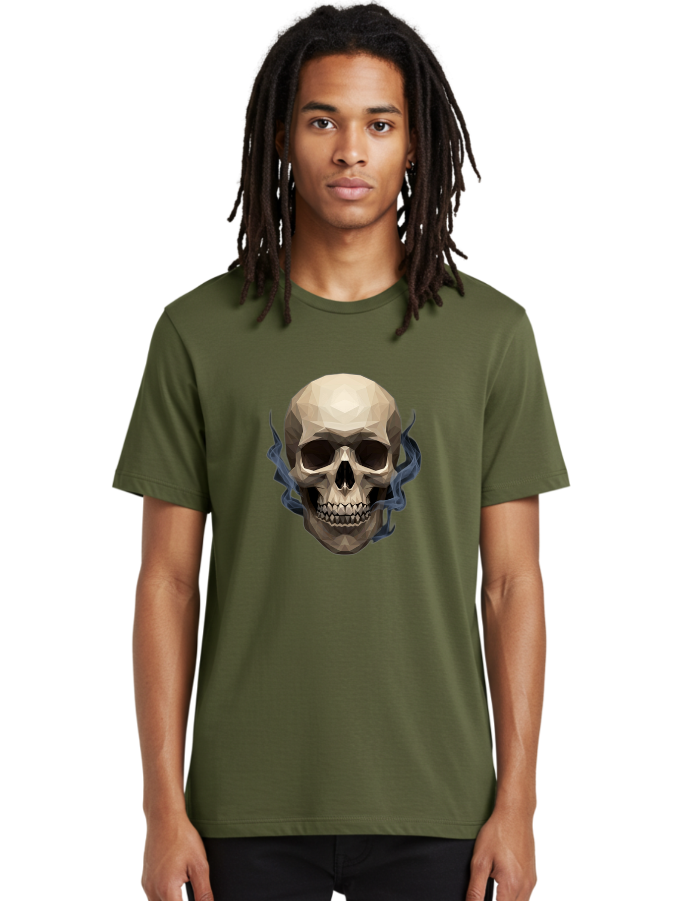 Polygonal-Skull Men'S Graphic Tee, 100% Cotton, Comfortable Casual Summer Wear, Machine Washable, Human Skull, Geometric Shapes, Low Poly Art, Smoke Coming Out, Dark Eye Sockets, Teeth, Mystical, Low Poly, Abstract Art, Skull Design Bad450