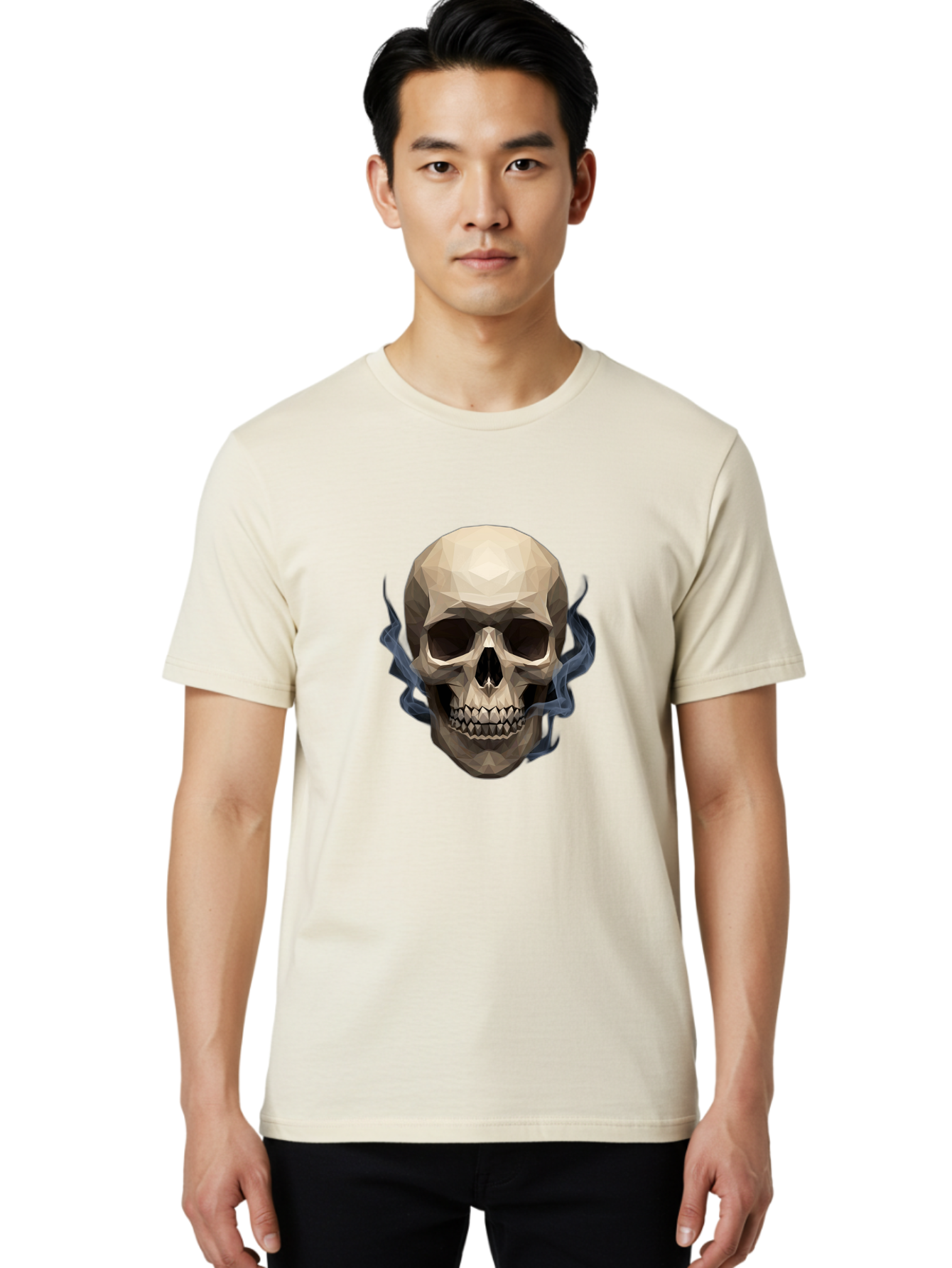 Polygonal-Skull Men'S Graphic Tee, 100% Cotton, Comfortable Casual Summer Wear, Machine Washable, Human Skull, Geometric Shapes, Low Poly Art, Smoke Coming Out, Dark Eye Sockets, Teeth, Mystical, Low Poly, Abstract Art, Skull Design Bad450