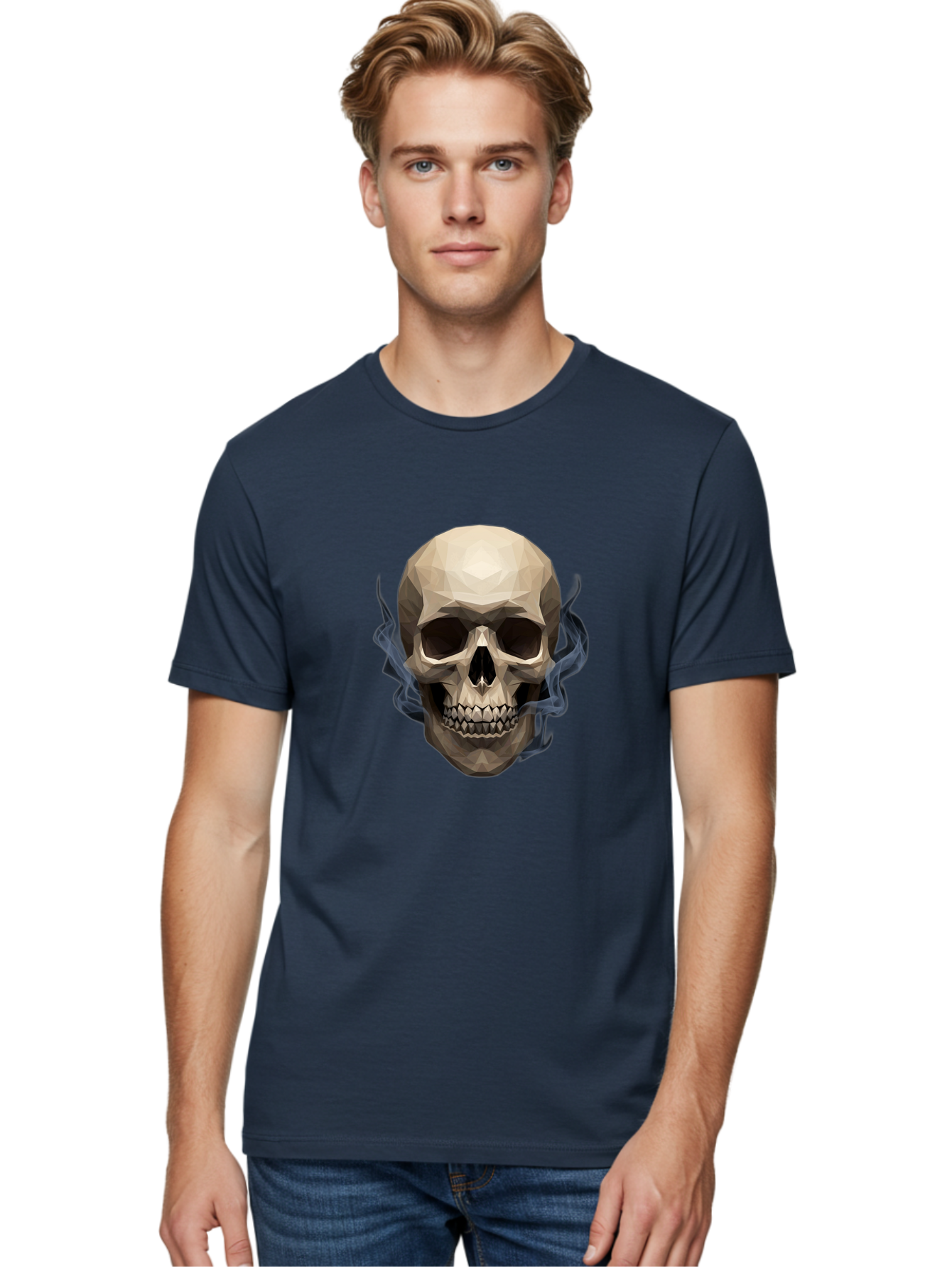 Polygonal-Skull Men'S Graphic Tee, 100% Cotton, Comfortable Casual Summer Wear, Machine Washable, Human Skull, Geometric Shapes, Low Poly Art, Smoke Coming Out, Dark Eye Sockets, Teeth, Mystical, Low Poly, Abstract Art, Skull Design Bad450