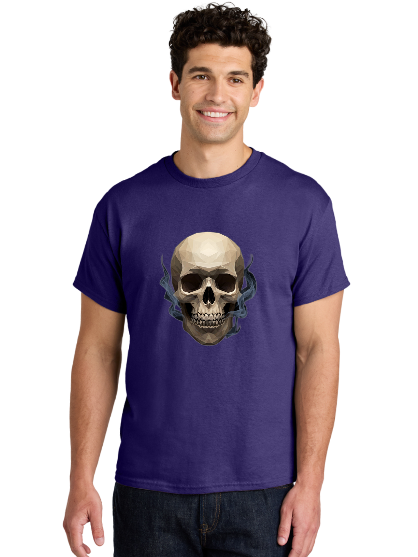 Polygonal-Skull Men'S Graphic Tee, 100% Cotton, Comfortable Casual Summer Wear, Machine Washable, Human Skull, Geometric Shapes, Low Poly Art, Smoke Coming Out, Dark Eye Sockets, Teeth, Mystical, Low Poly, Abstract Art, Skull Design Bad450