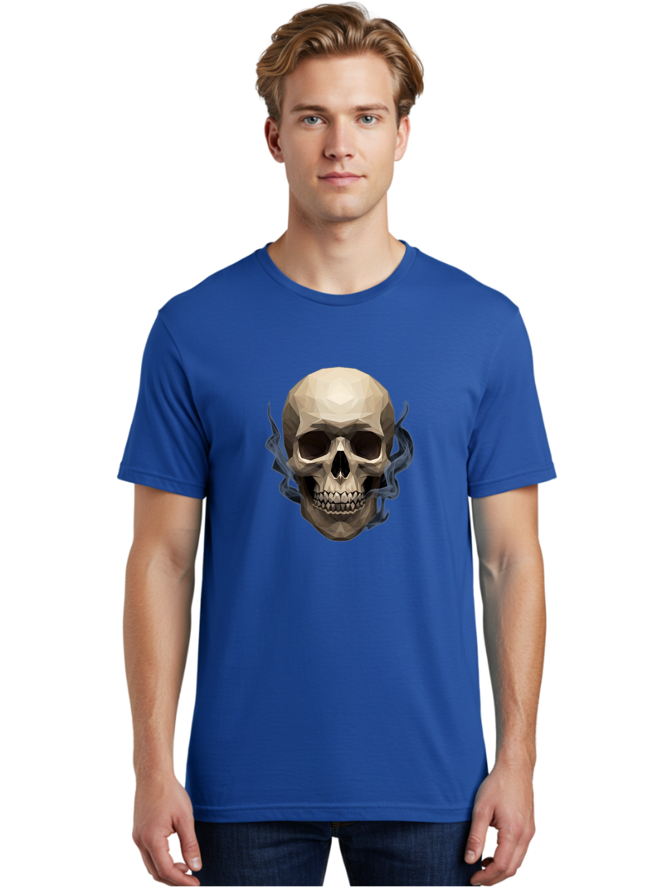 Polygonal-Skull Men'S Graphic Tee, 100% Cotton, Comfortable Casual Summer Wear, Machine Washable, Human Skull, Geometric Shapes, Low Poly Art, Smoke Coming Out, Dark Eye Sockets, Teeth, Mystical, Low Poly, Abstract Art, Skull Design Bad450