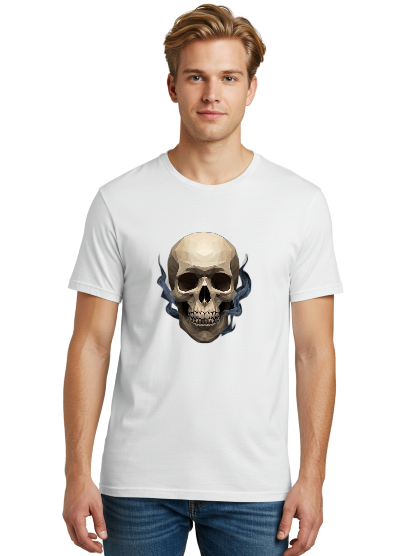 Polygonal-Skull Men'S Graphic Tee, 100% Cotton, Comfortable Casual Summer Wear, Machine Washable, Human Skull, Geometric Shapes, Low Poly Art, Smoke Coming Out, Dark Eye Sockets, Teeth, Mystical, Low Poly, Abstract Art, Skull Design Bad450