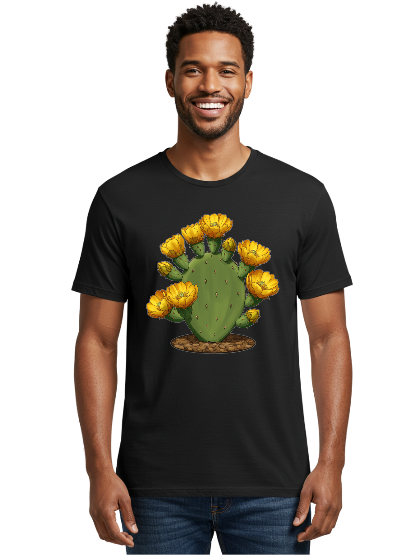 Prickly-Pear-Cactus Men'S Graphic Tee, 100% Cotton, Comfortable Casual Summer Wear, Machine Washable, Prickly Pear Cactus, Yellow Flowers, Desert Plant, Cactus Flowers, Vibrant Yellow, Succulent, Desert Garden, Floral Arrangement, Pears, Bad454