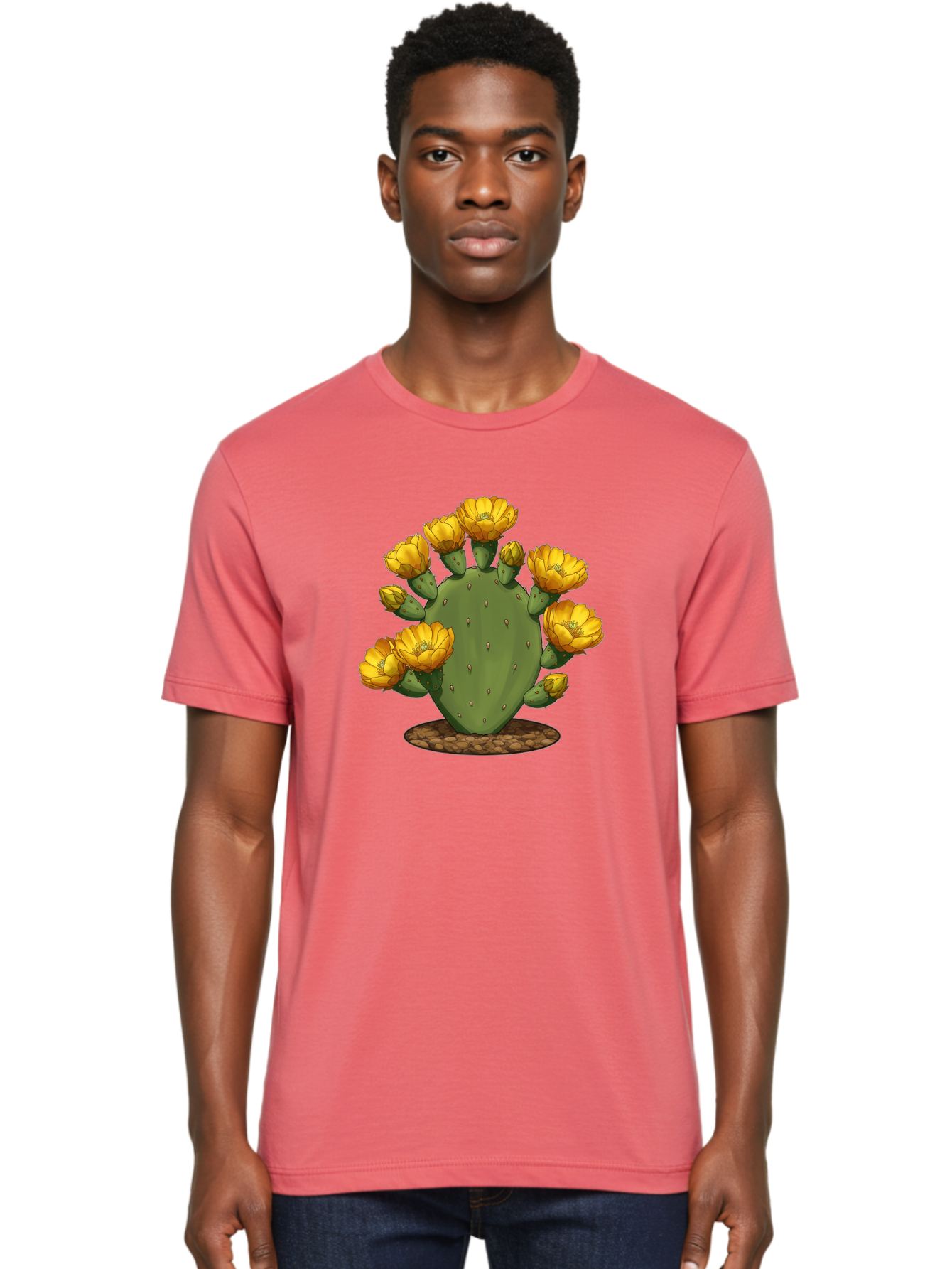 Prickly-Pear-Cactus Men'S Graphic Tee, 100% Cotton, Comfortable Casual Summer Wear, Machine Washable, Prickly Pear Cactus, Yellow Flowers, Desert Plant, Cactus Flowers, Vibrant Yellow, Succulent, Desert Garden, Floral Arrangement, Pears, Bad454