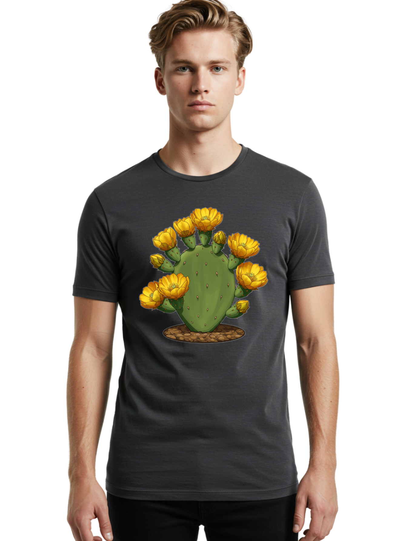 Prickly-Pear-Cactus Men'S Graphic Tee, 100% Cotton, Comfortable Casual Summer Wear, Machine Washable, Prickly Pear Cactus, Yellow Flowers, Desert Plant, Cactus Flowers, Vibrant Yellow, Succulent, Desert Garden, Floral Arrangement, Pears, Bad454