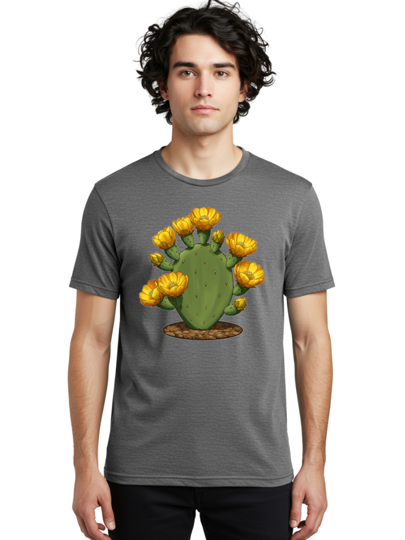 Prickly-Pear-Cactus Men'S Graphic Tee, 100% Cotton, Comfortable Casual Summer Wear, Machine Washable, Prickly Pear Cactus, Yellow Flowers, Desert Plant, Cactus Flowers, Vibrant Yellow, Succulent, Desert Garden, Floral Arrangement, Pears, Bad454