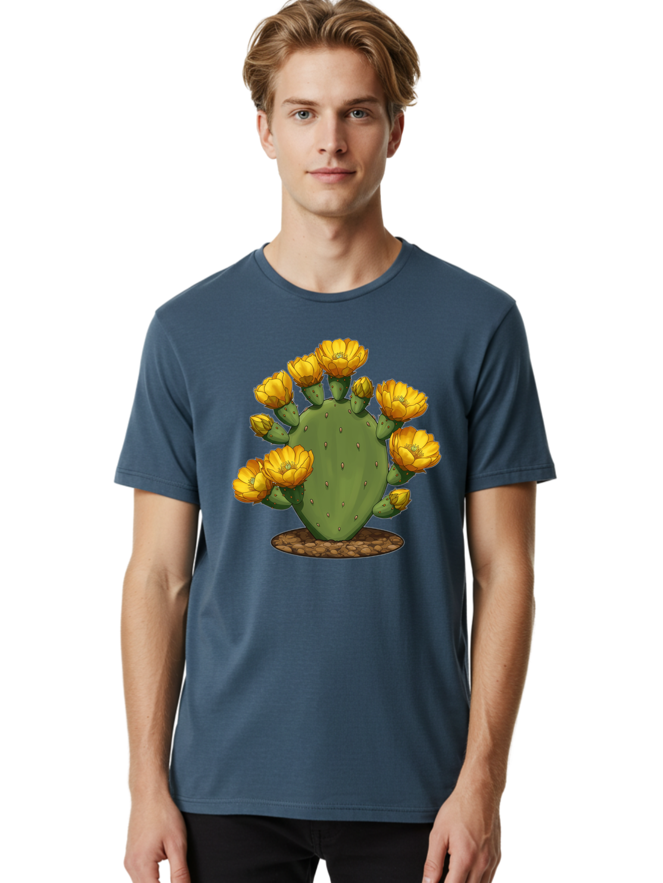 Prickly-Pear-Cactus Men'S Graphic Tee, 100% Cotton, Comfortable Casual Summer Wear, Machine Washable, Prickly Pear Cactus, Yellow Flowers, Desert Plant, Cactus Flowers, Vibrant Yellow, Succulent, Desert Garden, Floral Arrangement, Pears, Bad454