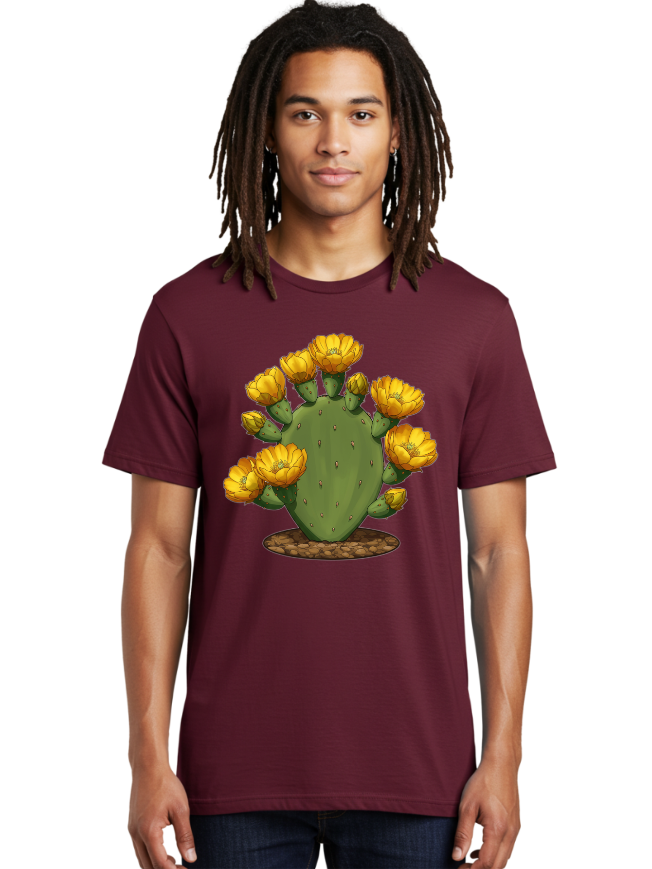 Prickly-Pear-Cactus Men'S Graphic Tee, 100% Cotton, Comfortable Casual Summer Wear, Machine Washable, Prickly Pear Cactus, Yellow Flowers, Desert Plant, Cactus Flowers, Vibrant Yellow, Succulent, Desert Garden, Floral Arrangement, Pears, Bad454