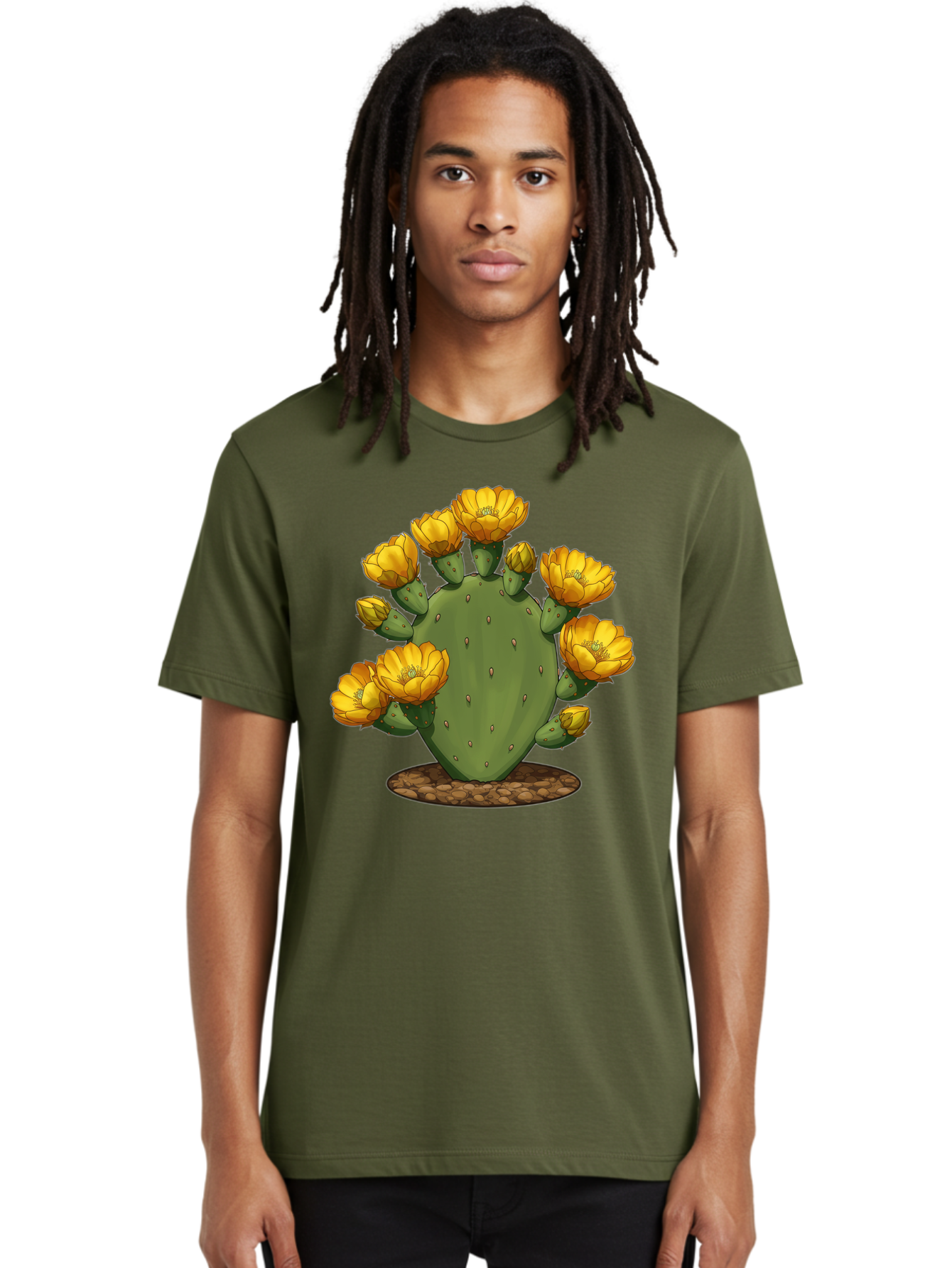 Prickly-Pear-Cactus Men'S Graphic Tee, 100% Cotton, Comfortable Casual Summer Wear, Machine Washable, Prickly Pear Cactus, Yellow Flowers, Desert Plant, Cactus Flowers, Vibrant Yellow, Succulent, Desert Garden, Floral Arrangement, Pears, Bad454