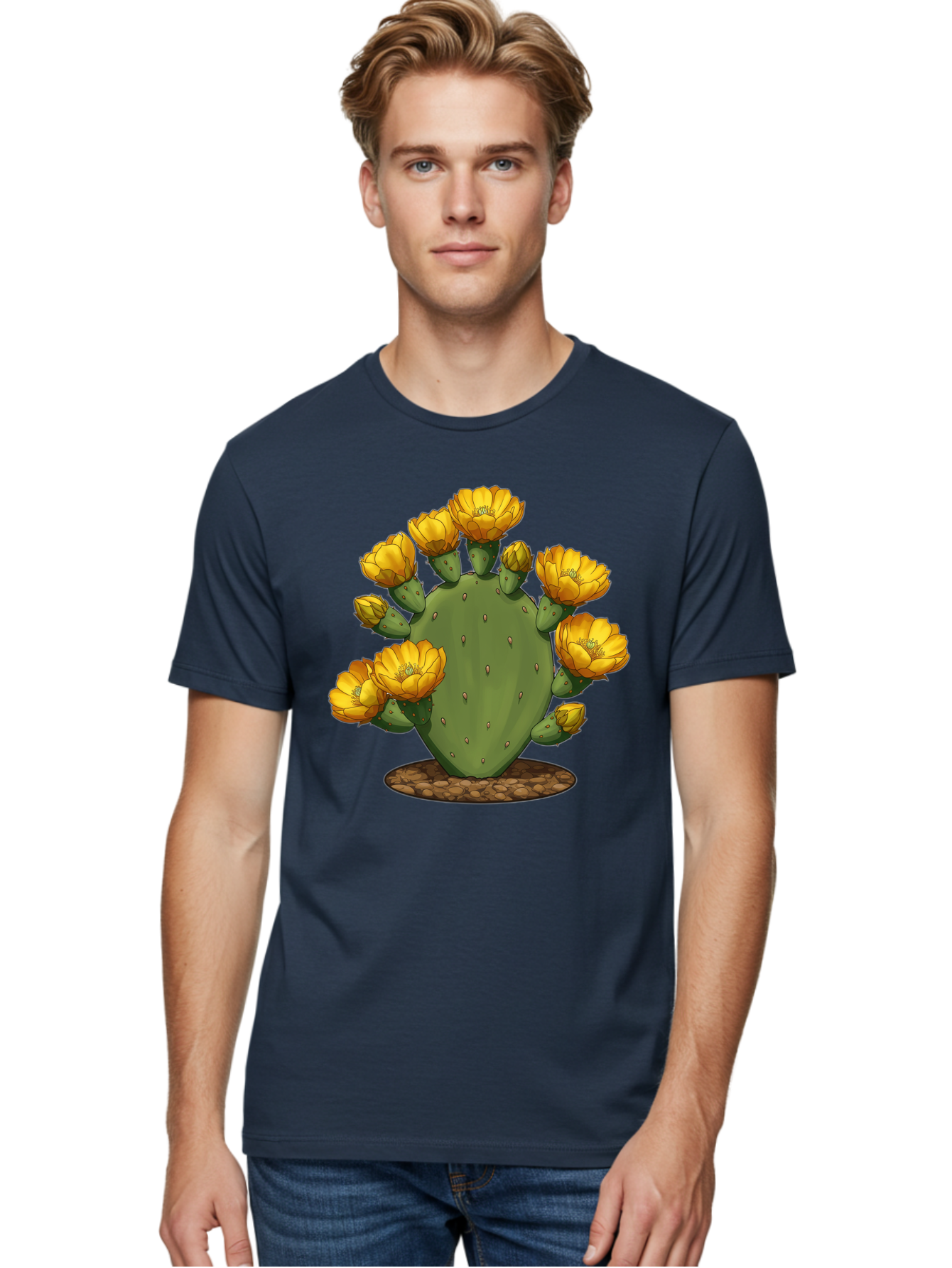 Prickly-Pear-Cactus Men'S Graphic Tee, 100% Cotton, Comfortable Casual Summer Wear, Machine Washable, Prickly Pear Cactus, Yellow Flowers, Desert Plant, Cactus Flowers, Vibrant Yellow, Succulent, Desert Garden, Floral Arrangement, Pears, Bad454