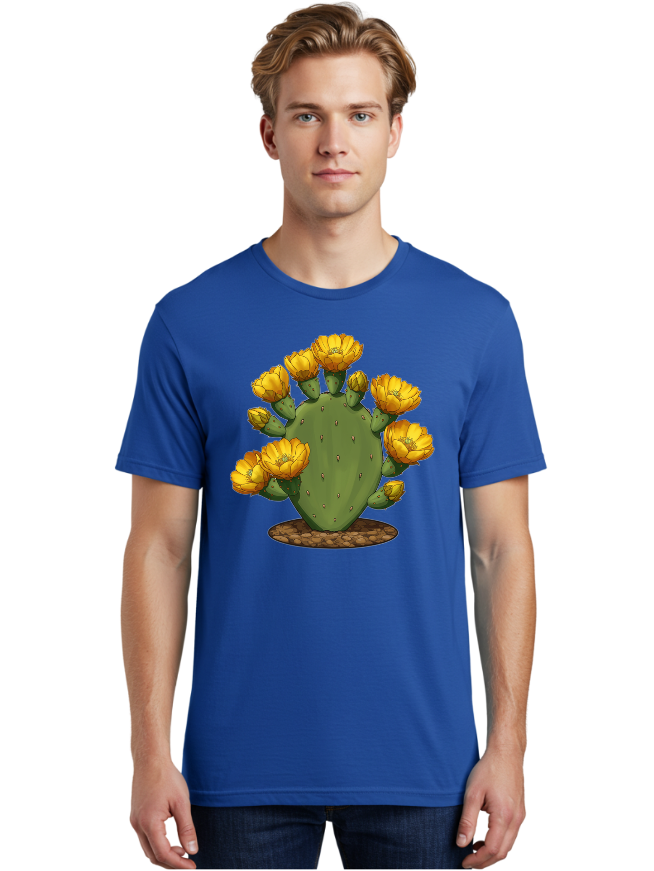 Prickly-Pear-Cactus Men'S Graphic Tee, 100% Cotton, Comfortable Casual Summer Wear, Machine Washable, Prickly Pear Cactus, Yellow Flowers, Desert Plant, Cactus Flowers, Vibrant Yellow, Succulent, Desert Garden, Floral Arrangement, Pears, Bad454