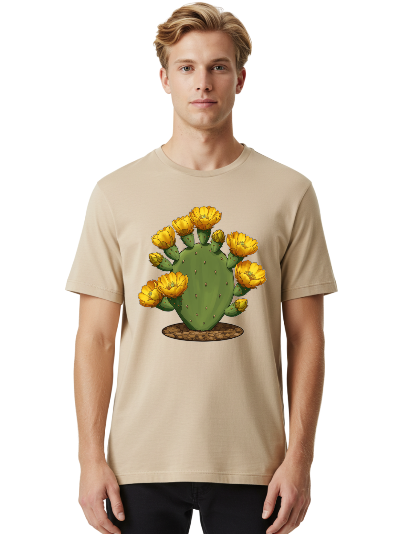 Prickly-Pear-Cactus Men'S Graphic Tee, 100% Cotton, Comfortable Casual Summer Wear, Machine Washable, Prickly Pear Cactus, Yellow Flowers, Desert Plant, Cactus Flowers, Vibrant Yellow, Succulent, Desert Garden, Floral Arrangement, Pears, Bad454