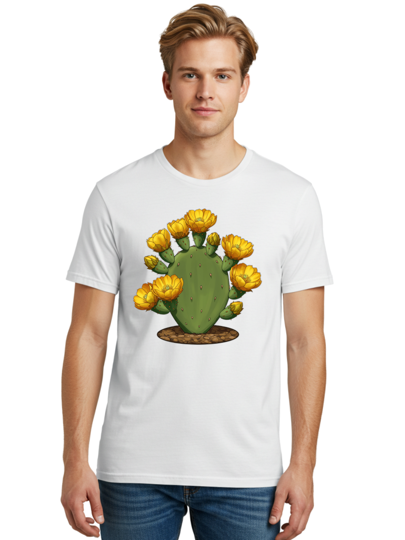Prickly-Pear-Cactus Men'S Graphic Tee, 100% Cotton, Comfortable Casual Summer Wear, Machine Washable, Prickly Pear Cactus, Yellow Flowers, Desert Plant, Cactus Flowers, Vibrant Yellow, Succulent, Desert Garden, Floral Arrangement, Pears, Bad454