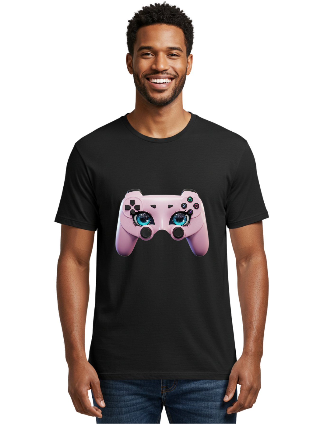 Ps4-Controller Men'S Graphic Tee, 100% Cotton, Comfortable Casual Summer Wear, Machine Washable, Pastel Pink Controller, Kawaii Gaming, Blue Eyes, Eyelashes, Ps4, Gaming, Kawaii Art, Pastel Colors, Cartoon Style, Video Game Bad455