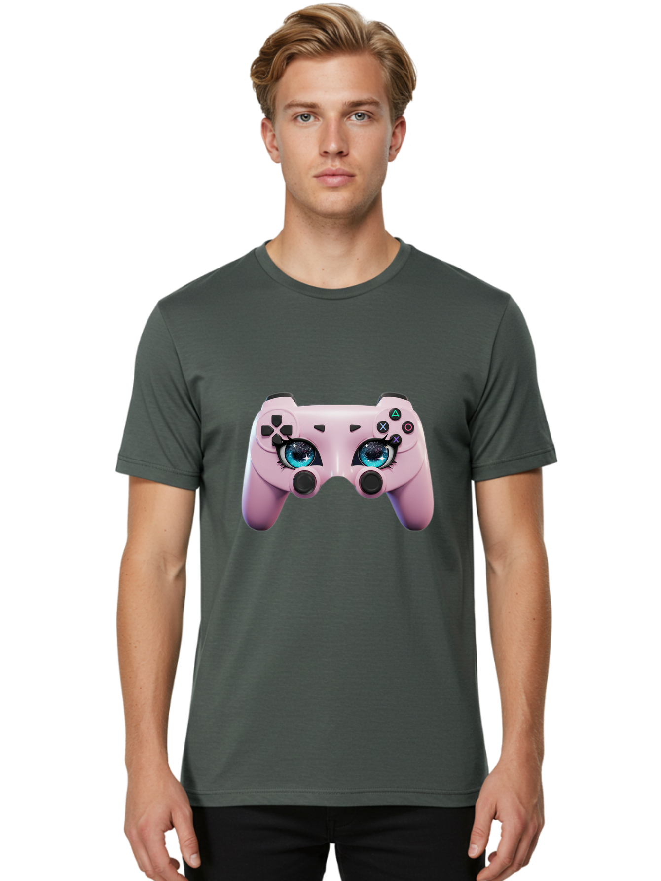 Ps4-Controller Men'S Graphic Tee, 100% Cotton, Comfortable Casual Summer Wear, Machine Washable, Pastel Pink Controller, Kawaii Gaming, Blue Eyes, Eyelashes, Ps4, Gaming, Kawaii Art, Pastel Colors, Cartoon Style, Video Game Bad455