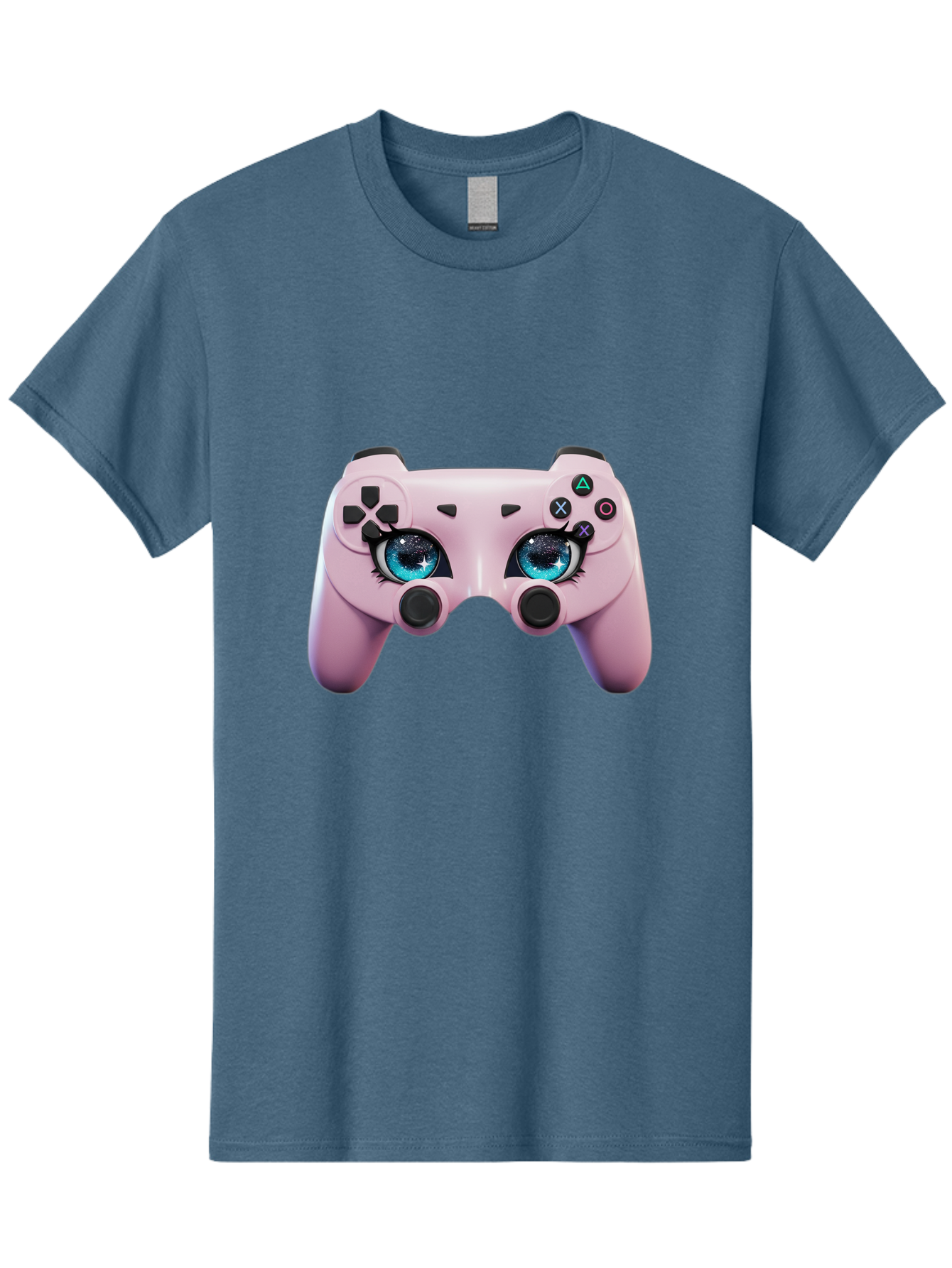 Ps4-Controller Men'S Graphic Tee, 100% Cotton, Comfortable Casual Summer Wear, Machine Washable, Pastel Pink Controller, Kawaii Gaming, Blue Eyes, Eyelashes, Ps4, Gaming, Kawaii Art, Pastel Colors, Cartoon Style, Video Game Bad455