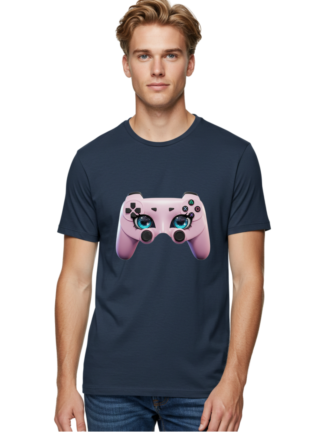 Ps4-Controller Men'S Graphic Tee, 100% Cotton, Comfortable Casual Summer Wear, Machine Washable, Pastel Pink Controller, Kawaii Gaming, Blue Eyes, Eyelashes, Ps4, Gaming, Kawaii Art, Pastel Colors, Cartoon Style, Video Game Bad455