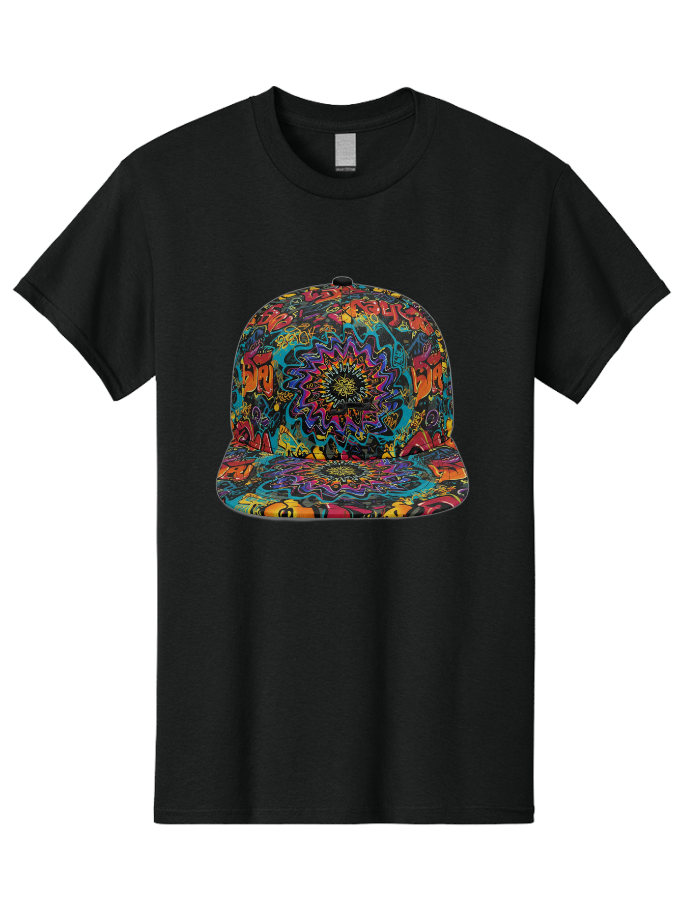 Psychedelic-Snapback Men'S Graphic Tee, 100% Cotton, Comfortable Casual Summer Wear, Machine Washable, Psychedelic Pattern, Colorful Design, Abstract Art, Vibrant Colors, Streetwear Fashion, Hip Hop Style, Casual Wear, Trendy Accessories, Bad456