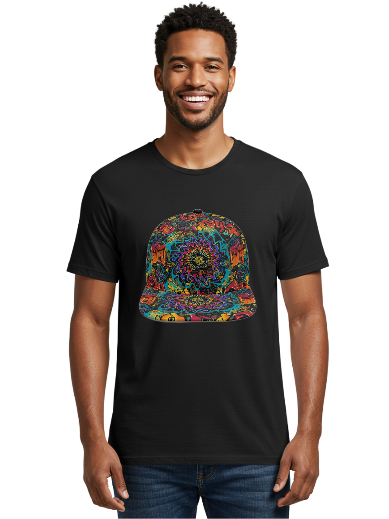 Psychedelic-Snapback Men'S Graphic Tee, 100% Cotton, Comfortable Casual Summer Wear, Machine Washable, Psychedelic Pattern, Colorful Design, Abstract Art, Vibrant Colors, Streetwear Fashion, Hip Hop Style, Casual Wear, Trendy Accessories, Bad456