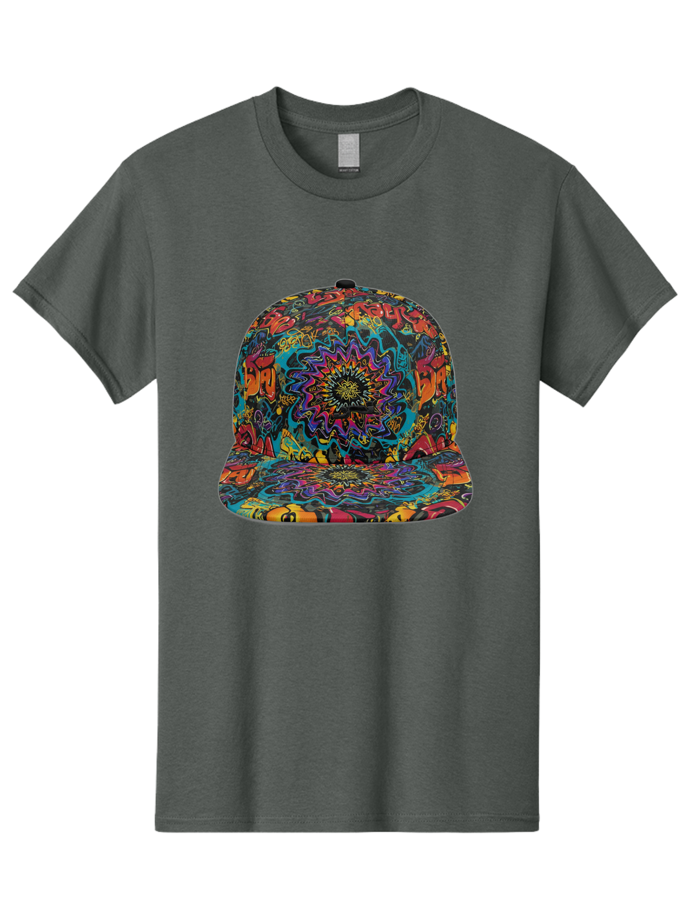 Psychedelic-Snapback Men'S Graphic Tee, 100% Cotton, Comfortable Casual Summer Wear, Machine Washable, Psychedelic Pattern, Colorful Design, Abstract Art, Vibrant Colors, Streetwear Fashion, Hip Hop Style, Casual Wear, Trendy Accessories, Bad456