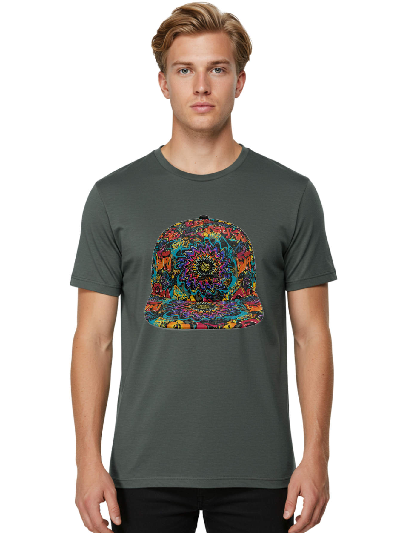 Psychedelic-Snapback Men'S Graphic Tee, 100% Cotton, Comfortable Casual Summer Wear, Machine Washable, Psychedelic Pattern, Colorful Design, Abstract Art, Vibrant Colors, Streetwear Fashion, Hip Hop Style, Casual Wear, Trendy Accessories, Bad456