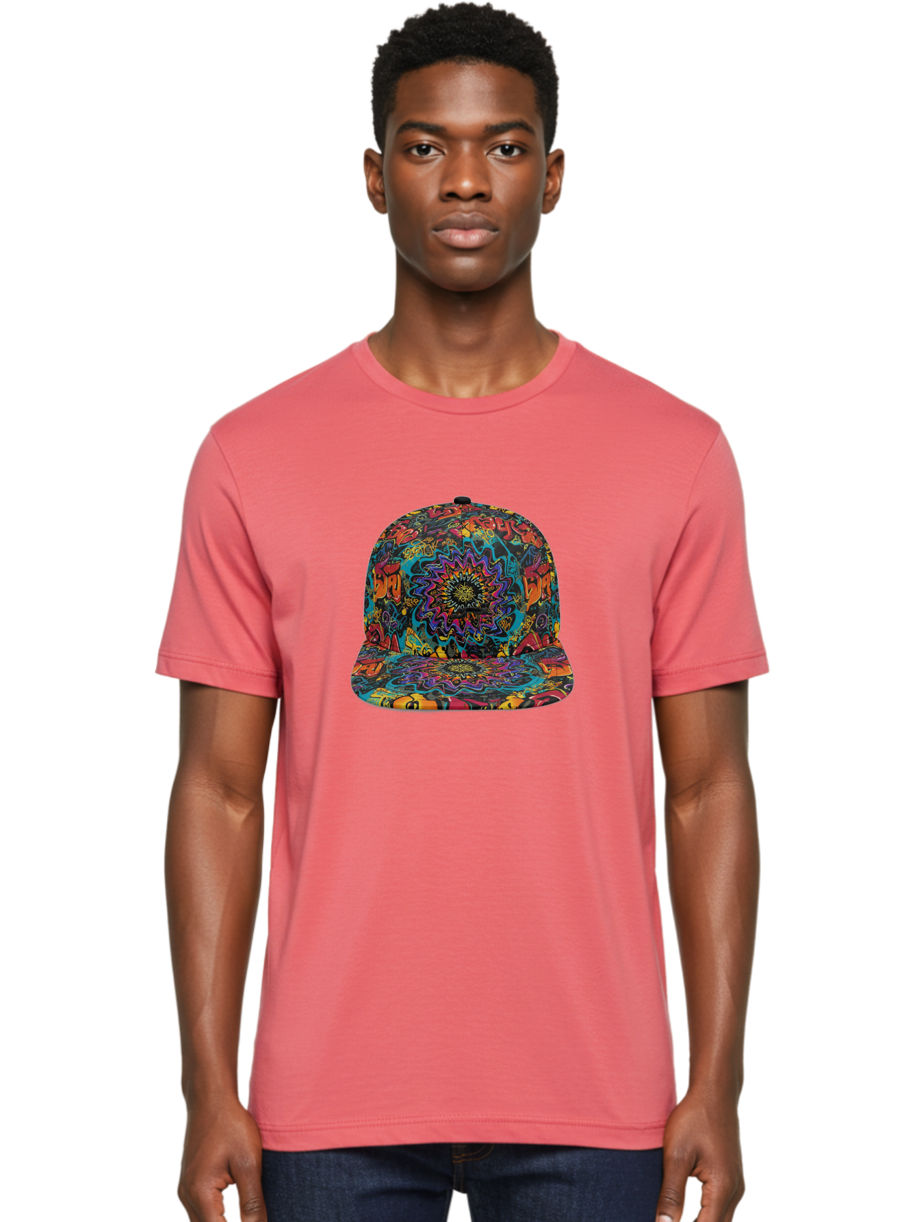 Psychedelic-Snapback Men'S Graphic Tee, 100% Cotton, Comfortable Casual Summer Wear, Machine Washable, Psychedelic Pattern, Colorful Design, Abstract Art, Vibrant Colors, Streetwear Fashion, Hip Hop Style, Casual Wear, Trendy Accessories, Bad456