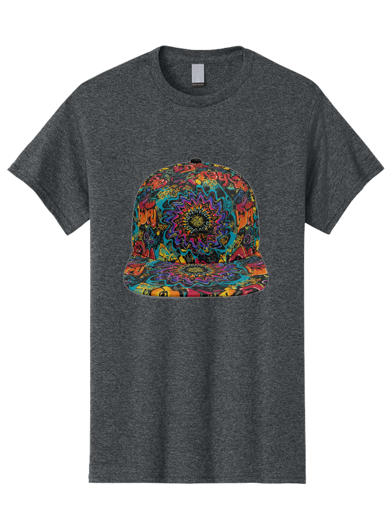 Psychedelic-Snapback Men'S Graphic Tee, 100% Cotton, Comfortable Casual Summer Wear, Machine Washable, Psychedelic Pattern, Colorful Design, Abstract Art, Vibrant Colors, Streetwear Fashion, Hip Hop Style, Casual Wear, Trendy Accessories, Bad456