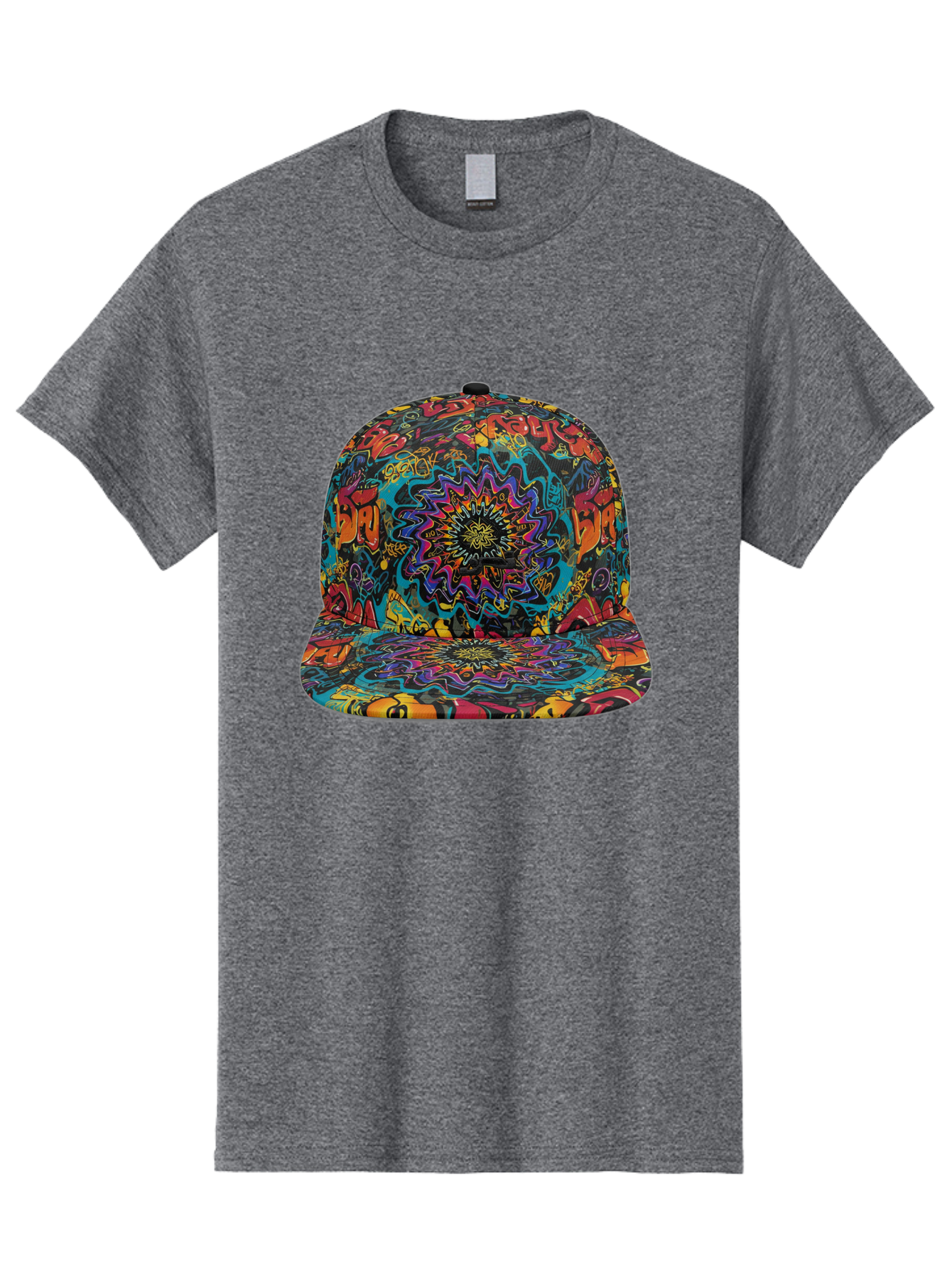 Psychedelic-Snapback Men'S Graphic Tee, 100% Cotton, Comfortable Casual Summer Wear, Machine Washable, Psychedelic Pattern, Colorful Design, Abstract Art, Vibrant Colors, Streetwear Fashion, Hip Hop Style, Casual Wear, Trendy Accessories, Bad456