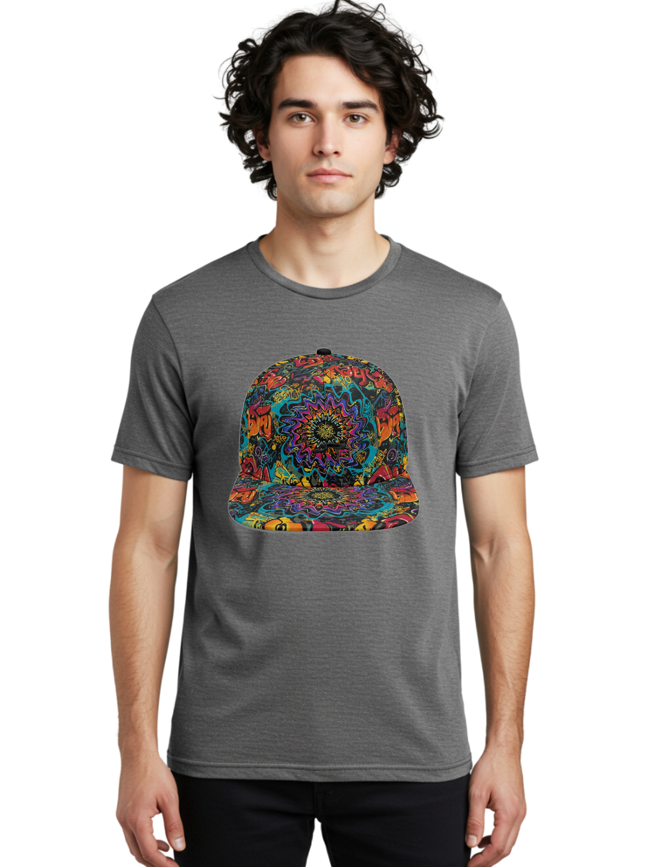 Psychedelic-Snapback Men'S Graphic Tee, 100% Cotton, Comfortable Casual Summer Wear, Machine Washable, Psychedelic Pattern, Colorful Design, Abstract Art, Vibrant Colors, Streetwear Fashion, Hip Hop Style, Casual Wear, Trendy Accessories, Bad456