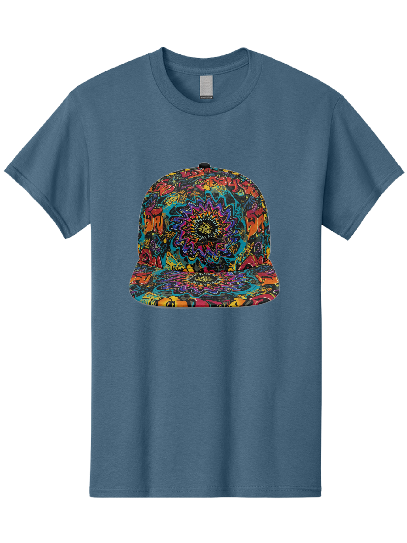 Psychedelic-Snapback Men'S Graphic Tee, 100% Cotton, Comfortable Casual Summer Wear, Machine Washable, Psychedelic Pattern, Colorful Design, Abstract Art, Vibrant Colors, Streetwear Fashion, Hip Hop Style, Casual Wear, Trendy Accessories, Bad456