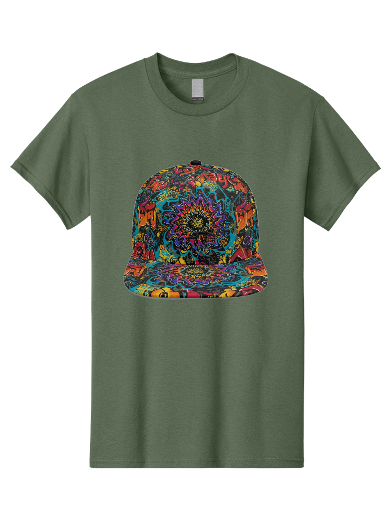 Psychedelic-Snapback Men'S Graphic Tee, 100% Cotton, Comfortable Casual Summer Wear, Machine Washable, Psychedelic Pattern, Colorful Design, Abstract Art, Vibrant Colors, Streetwear Fashion, Hip Hop Style, Casual Wear, Trendy Accessories, Bad456