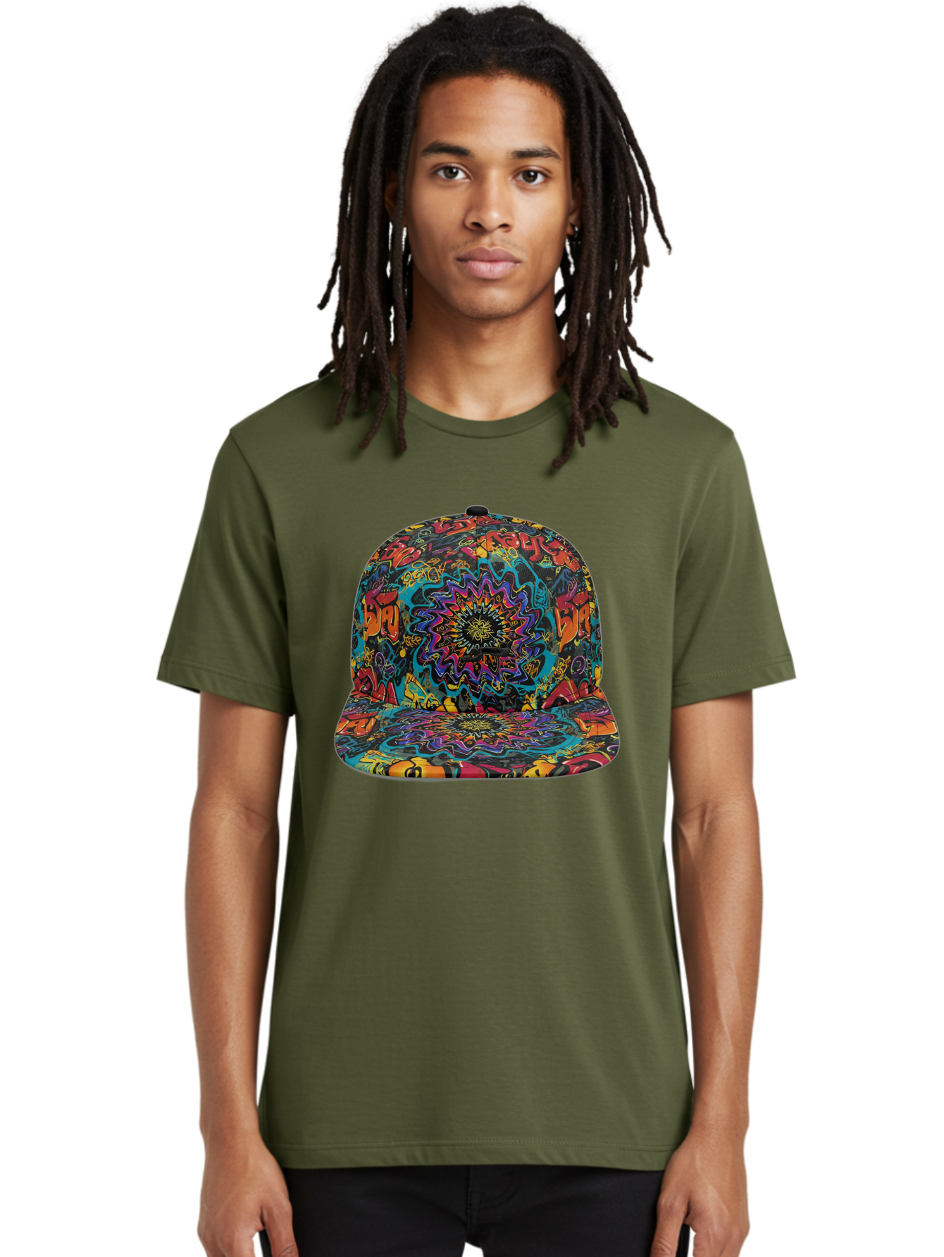 Psychedelic-Snapback Men'S Graphic Tee, 100% Cotton, Comfortable Casual Summer Wear, Machine Washable, Psychedelic Pattern, Colorful Design, Abstract Art, Vibrant Colors, Streetwear Fashion, Hip Hop Style, Casual Wear, Trendy Accessories, Bad456