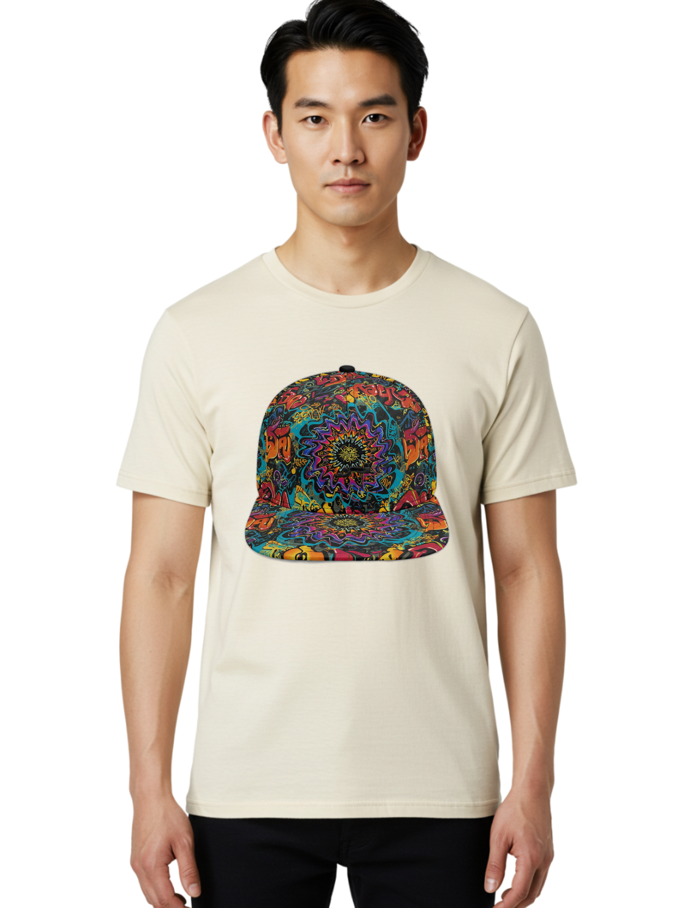Psychedelic-Snapback Men'S Graphic Tee, 100% Cotton, Comfortable Casual Summer Wear, Machine Washable, Psychedelic Pattern, Colorful Design, Abstract Art, Vibrant Colors, Streetwear Fashion, Hip Hop Style, Casual Wear, Trendy Accessories, Bad456