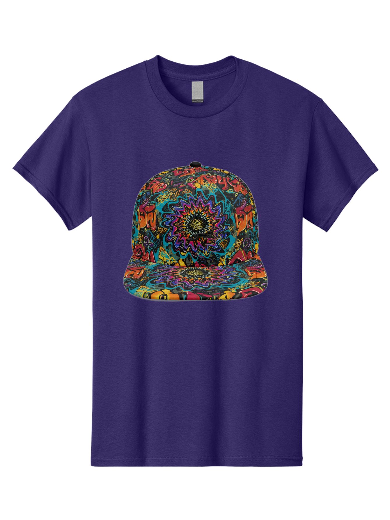 Psychedelic-Snapback Men'S Graphic Tee, 100% Cotton, Comfortable Casual Summer Wear, Machine Washable, Psychedelic Pattern, Colorful Design, Abstract Art, Vibrant Colors, Streetwear Fashion, Hip Hop Style, Casual Wear, Trendy Accessories, Bad456