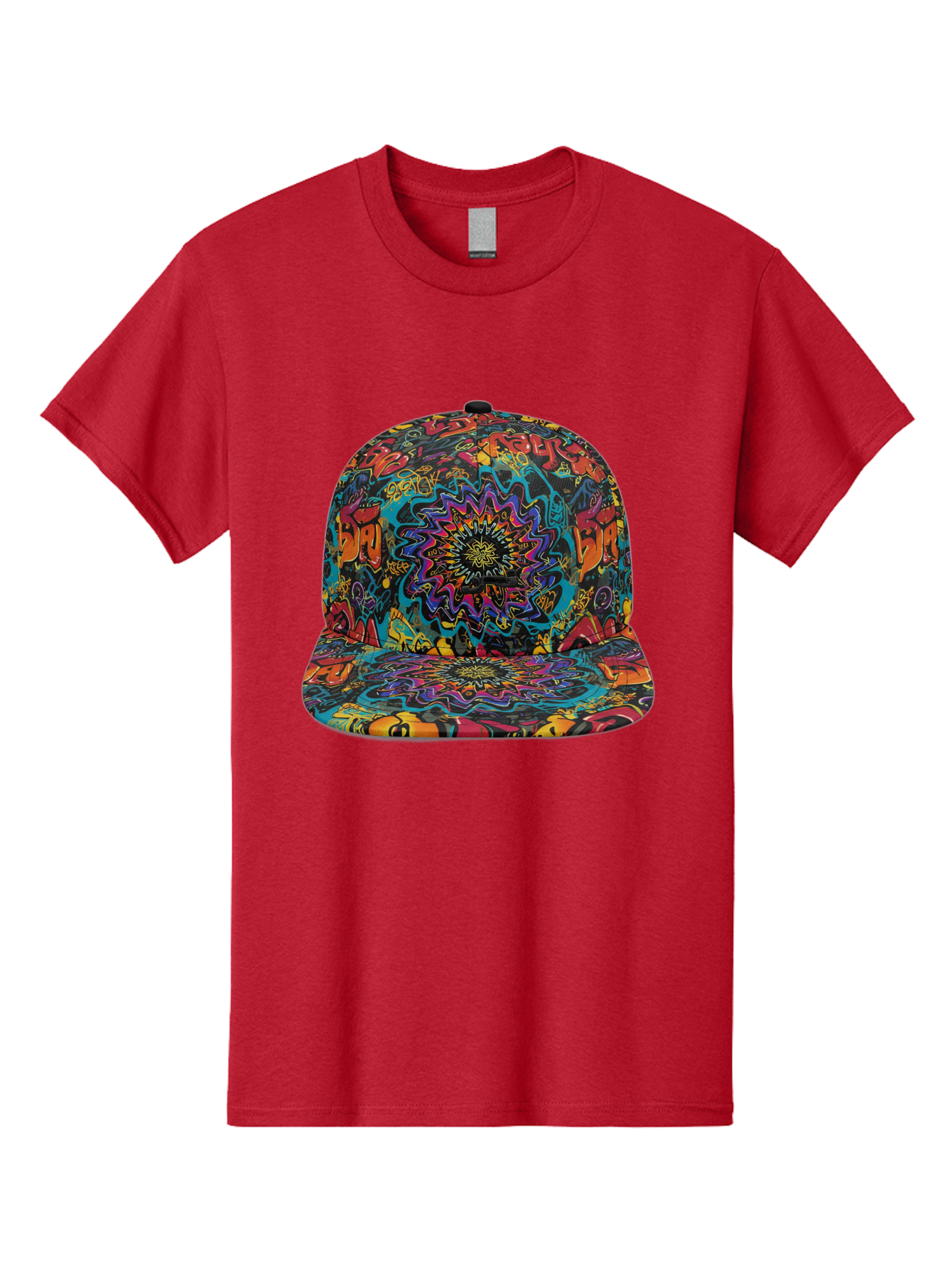 Psychedelic-Snapback Men'S Graphic Tee, 100% Cotton, Comfortable Casual Summer Wear, Machine Washable, Psychedelic Pattern, Colorful Design, Abstract Art, Vibrant Colors, Streetwear Fashion, Hip Hop Style, Casual Wear, Trendy Accessories, Bad456