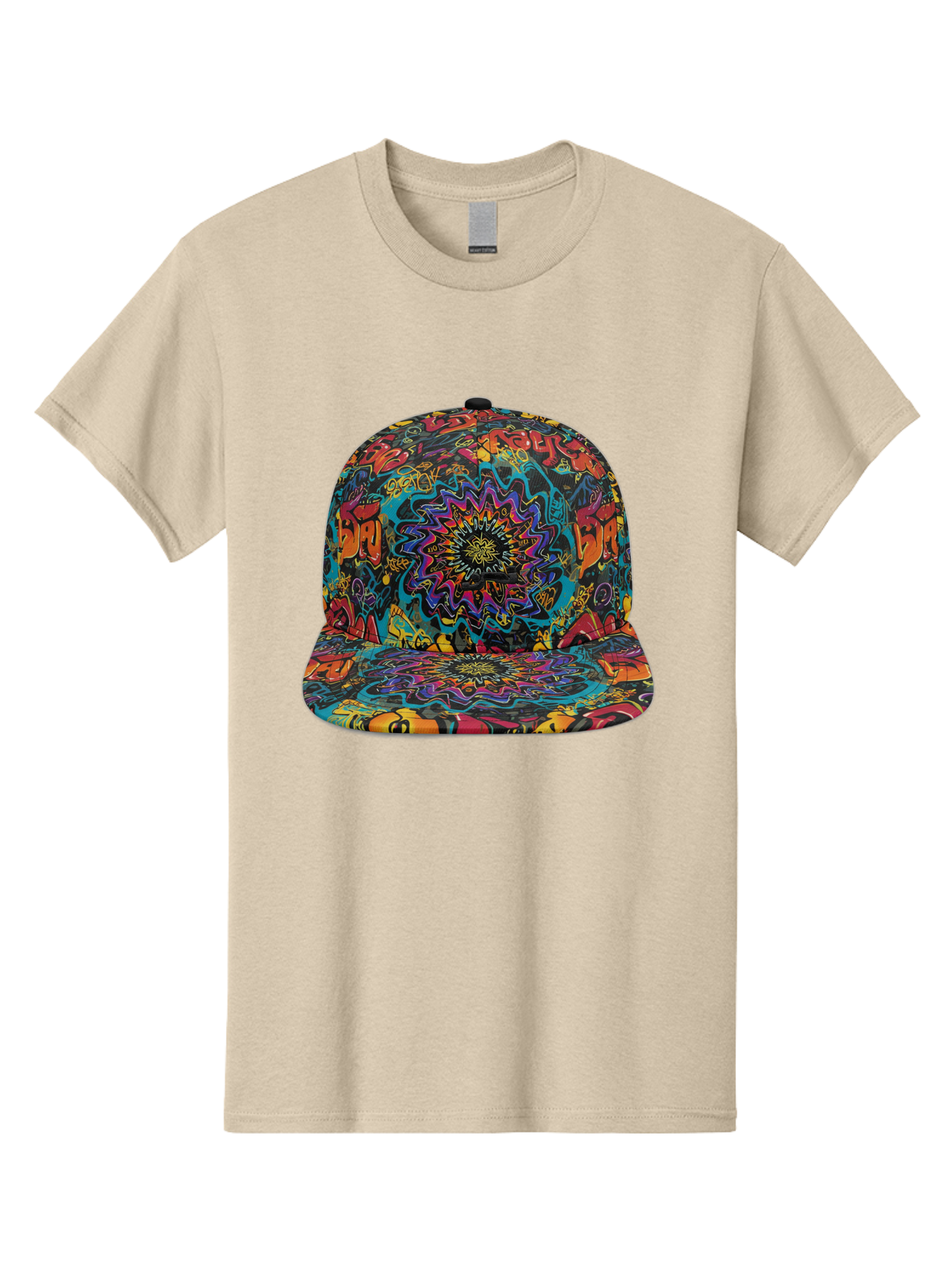 Psychedelic-Snapback Men'S Graphic Tee, 100% Cotton, Comfortable Casual Summer Wear, Machine Washable, Psychedelic Pattern, Colorful Design, Abstract Art, Vibrant Colors, Streetwear Fashion, Hip Hop Style, Casual Wear, Trendy Accessories, Bad456