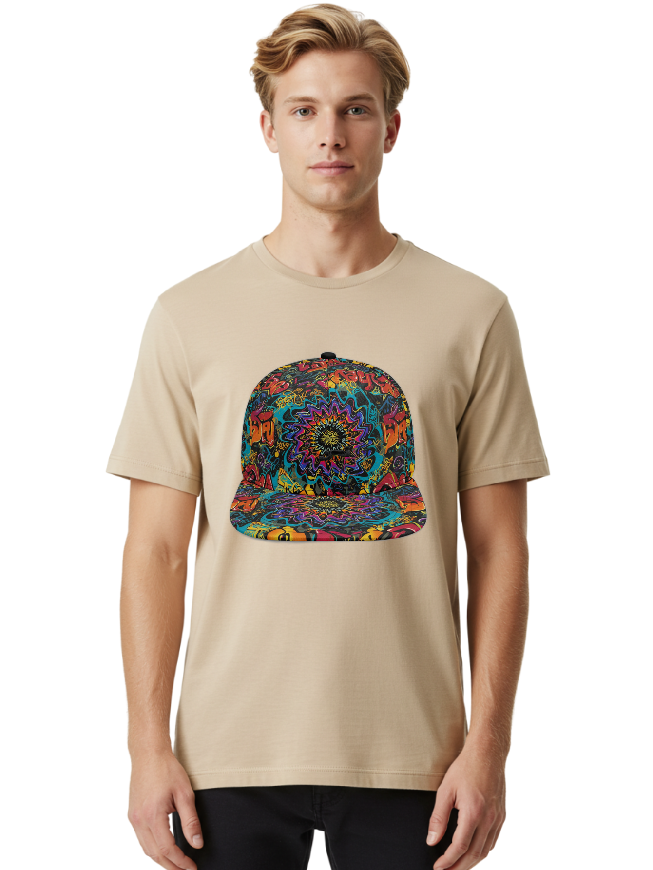Psychedelic-Snapback Men'S Graphic Tee, 100% Cotton, Comfortable Casual Summer Wear, Machine Washable, Psychedelic Pattern, Colorful Design, Abstract Art, Vibrant Colors, Streetwear Fashion, Hip Hop Style, Casual Wear, Trendy Accessories, Bad456