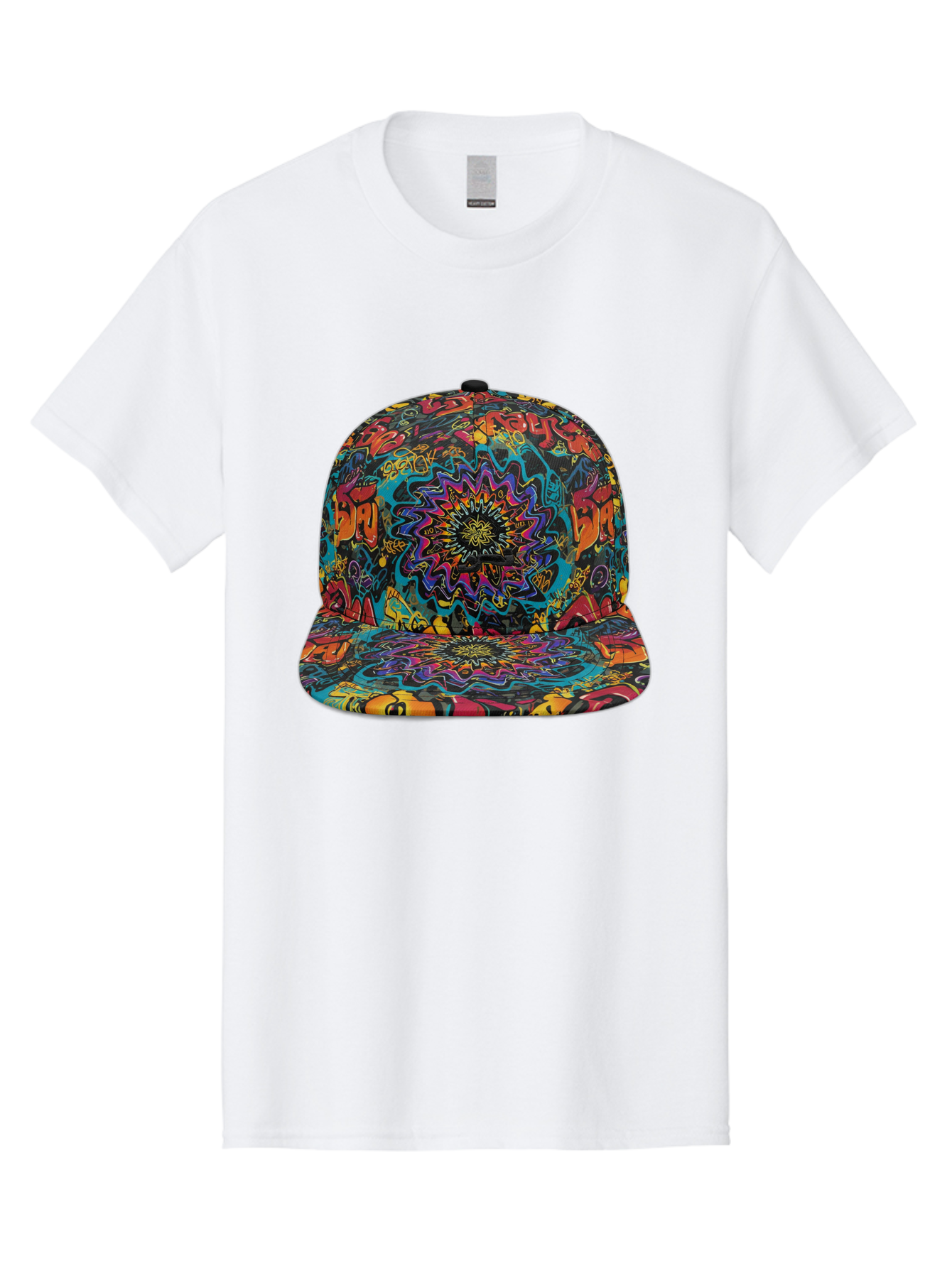 Psychedelic-Snapback Men'S Graphic Tee, 100% Cotton, Comfortable Casual Summer Wear, Machine Washable, Psychedelic Pattern, Colorful Design, Abstract Art, Vibrant Colors, Streetwear Fashion, Hip Hop Style, Casual Wear, Trendy Accessories, Bad456